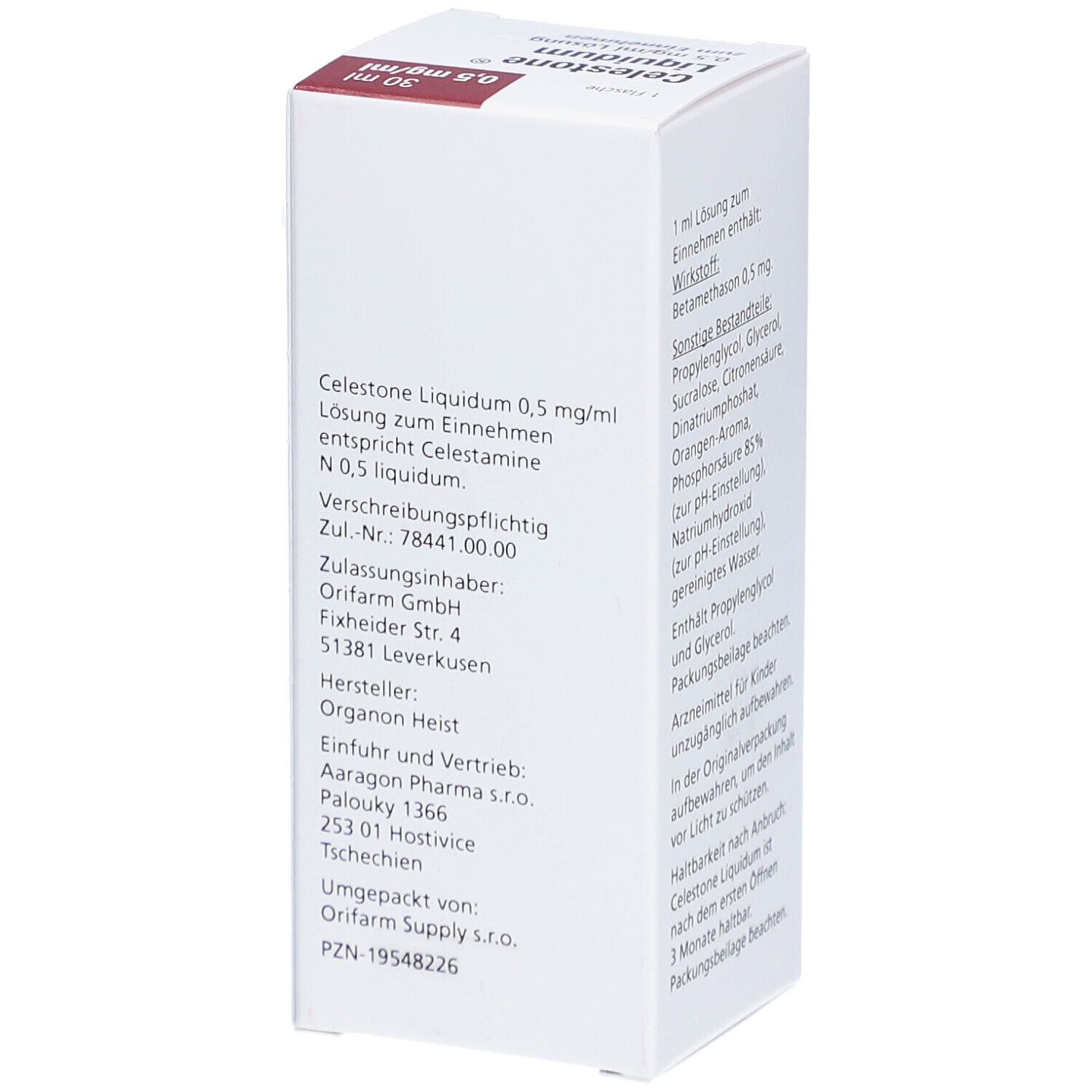Verpackung von CELESTONE Liquidum. Aufschrift: 0,5 mg/ml Lösung z. Einnehmen. Herstellerinformationen. Marke: Organon.