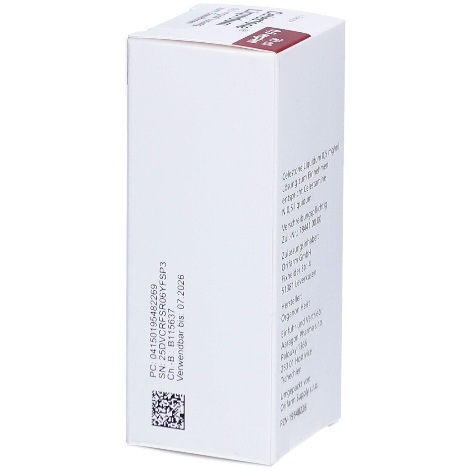 Verpackung von CELESTONE Liquidum. Aufschrift: 0,5 mg/ml Lösung z. Einnehmen. Chargennummer und Verfallsdatum. Marke: Organon.