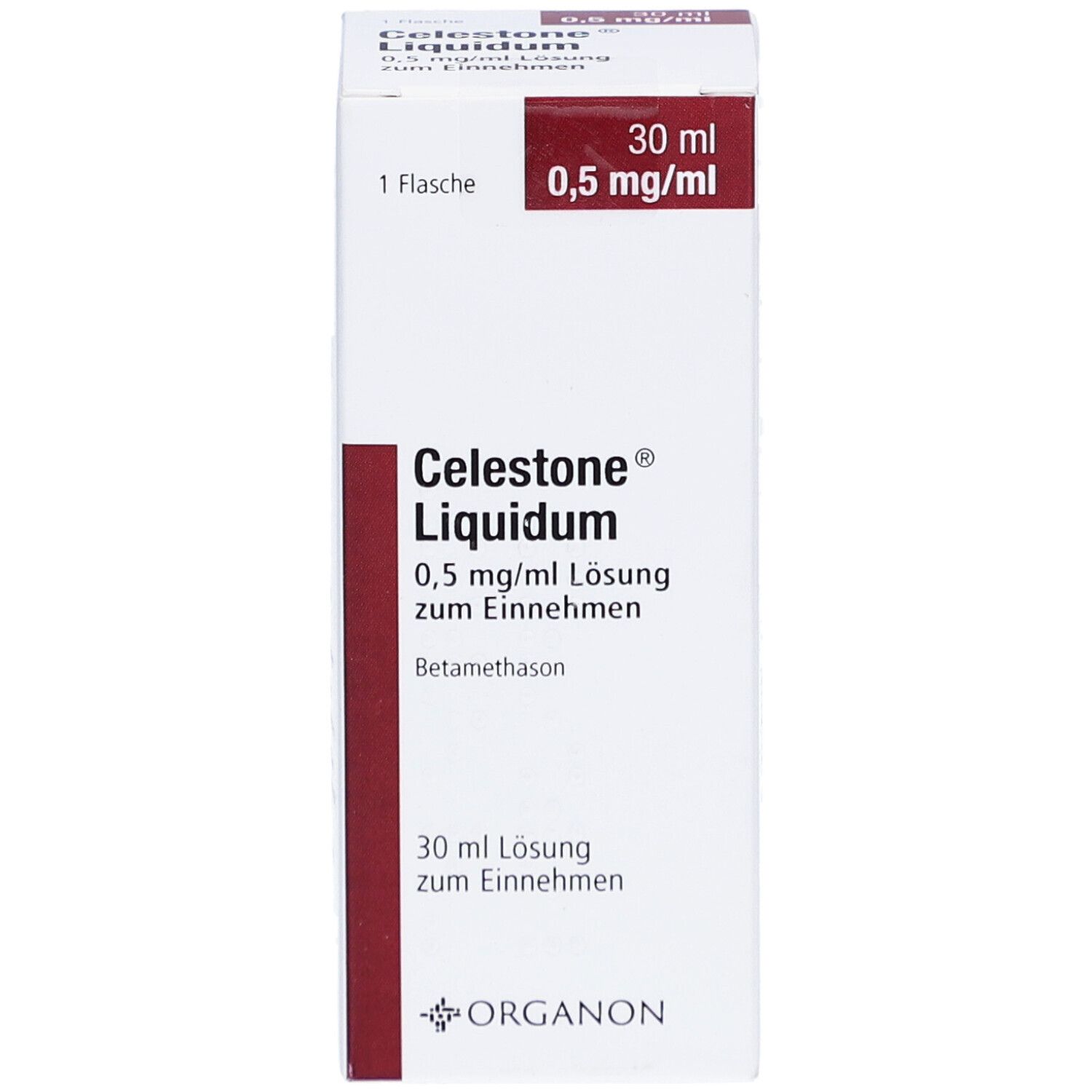 Verpackung von CELESTONE Liquidum. Aufschrift: 0,5 mg/ml Lösung z. Einnehmen. 30 ml. Marke: Organon.
