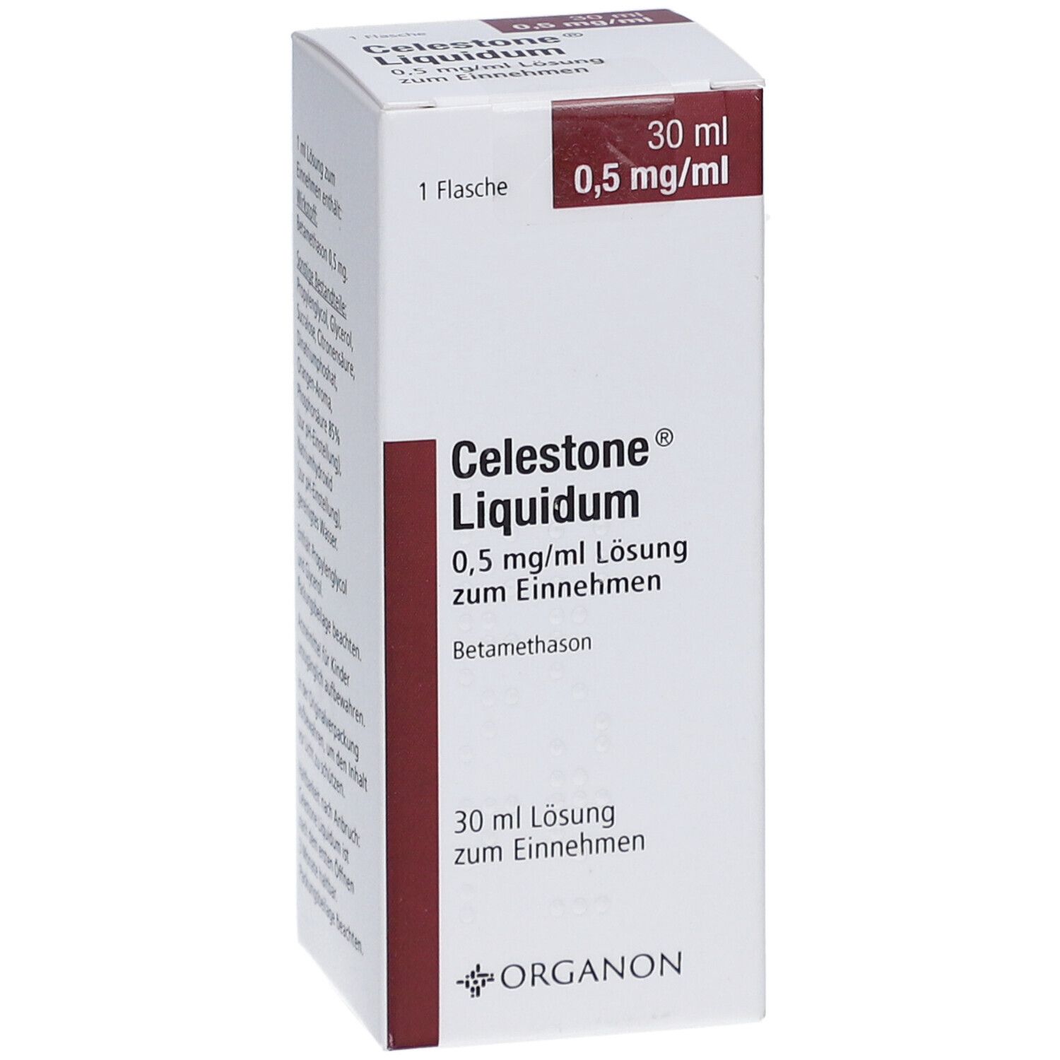 Verpackung von CELESTONE Liquidum. Aufschrift: 0,5 mg/ml Lösung z. Einnehmen. 30 ml. Marke: Organon.