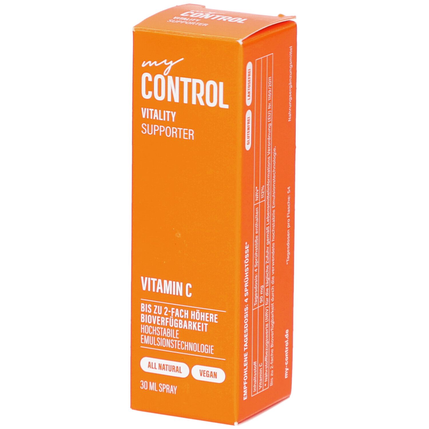 Orangefarbene Schachtel mit "my Control" und "Vitamin C" Schriftzug. Vegan und 30 ml Spray.