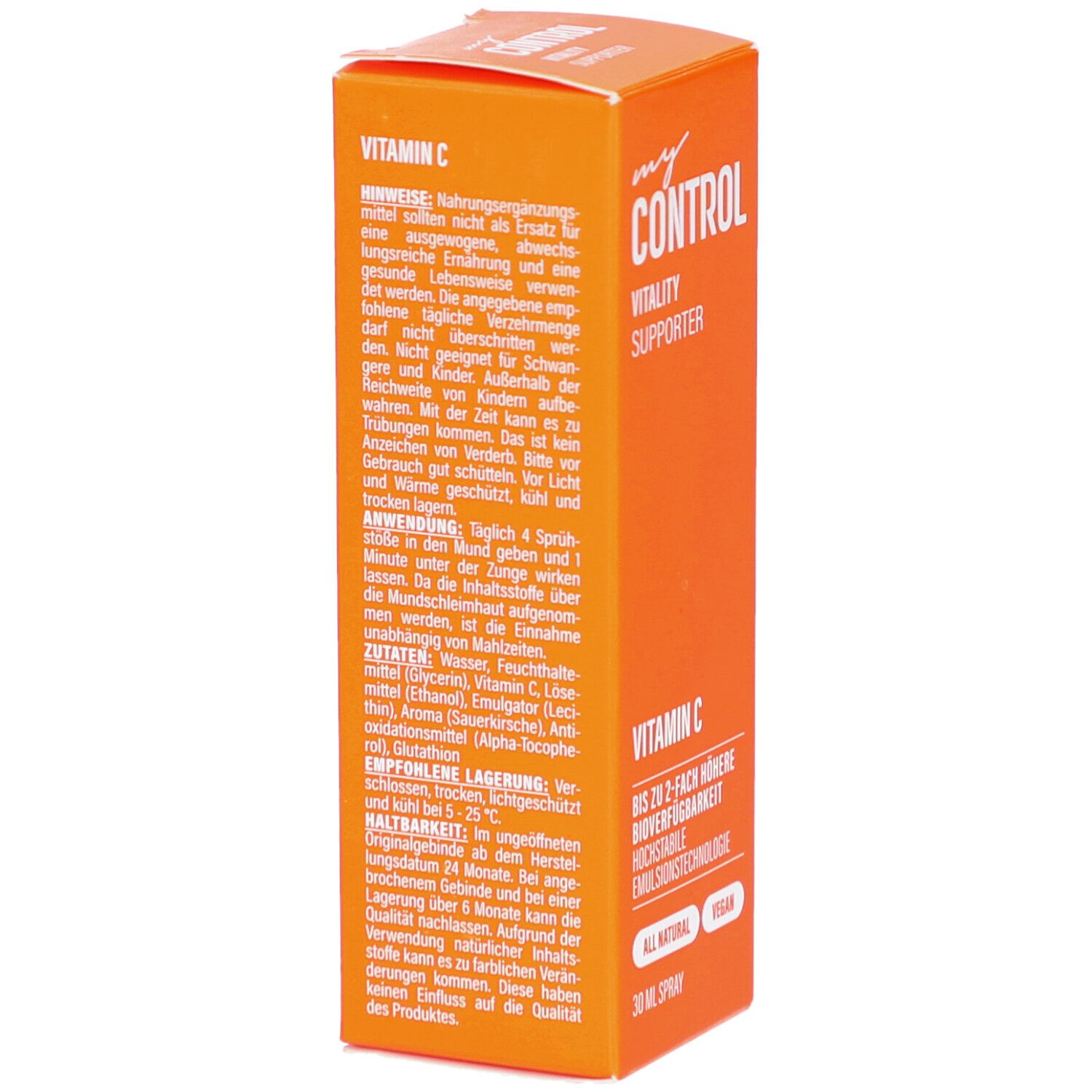 Rückseite der orangefarbenen Schachtel mit Text. Enthält Informationen zu Vitamin C und Inhaltsstoffen.