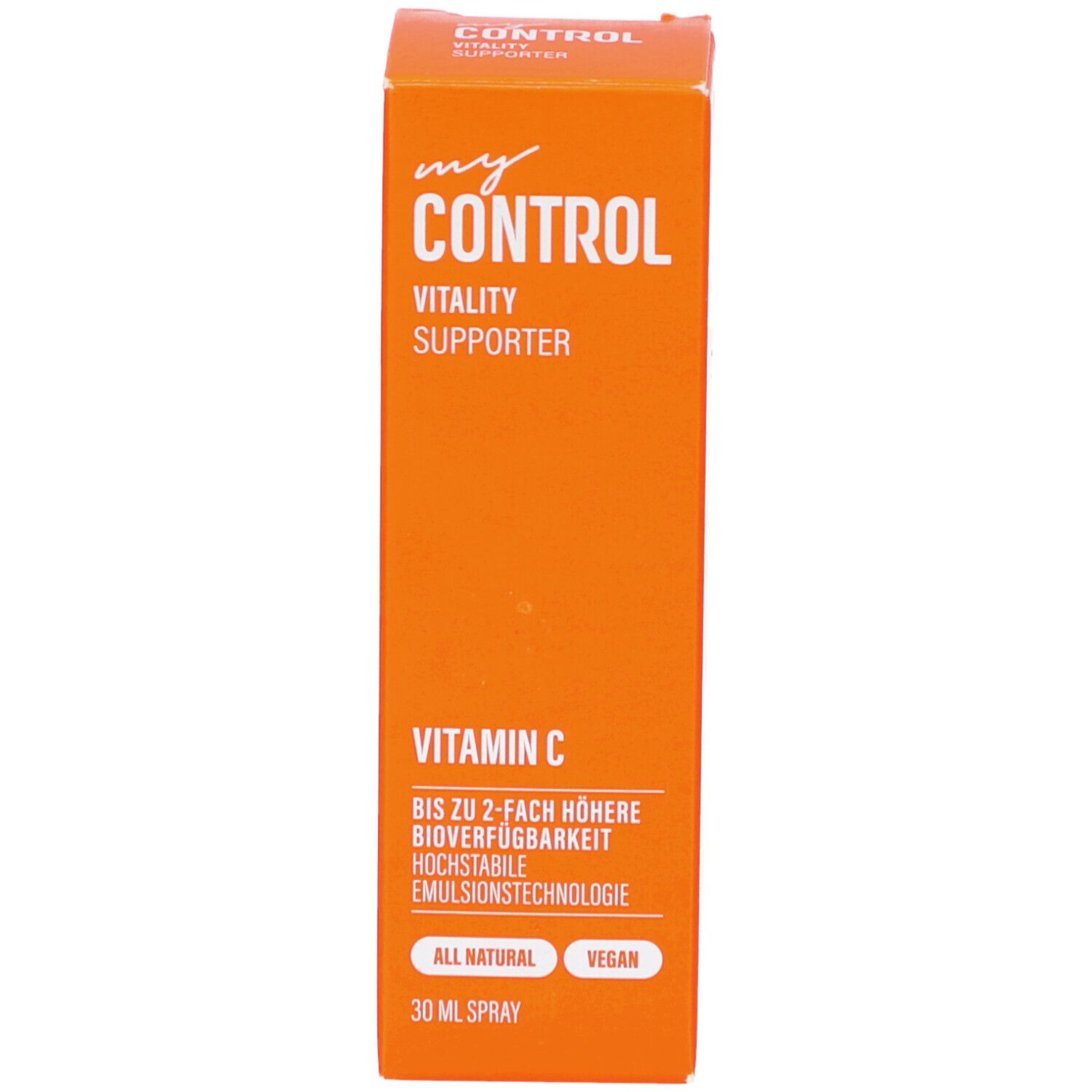 Orangefarbene Schachtel mit "my Control" und "Vitamin C" Schriftzug. Vegan und 30 ml Spray.