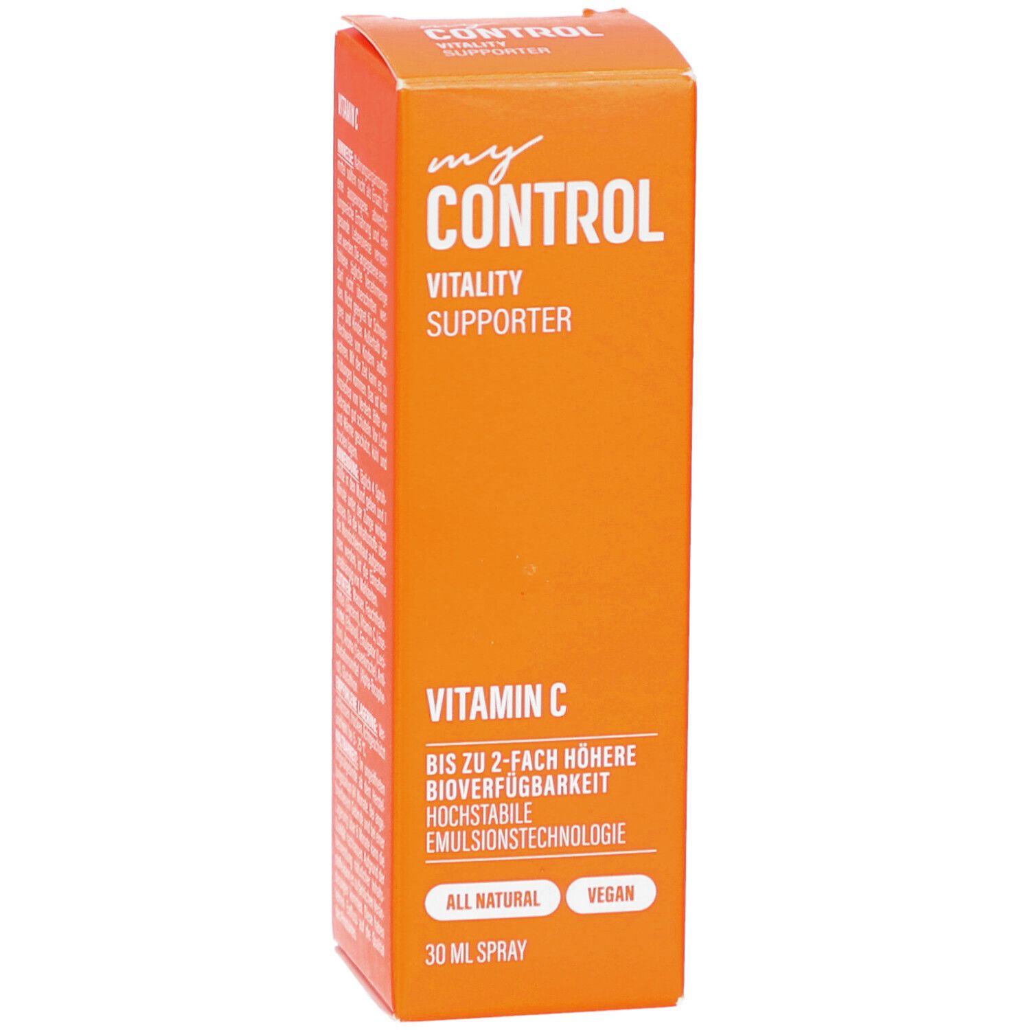 Orangefarbene Schachtel mit "my Control" und "Vitamin C" Schriftzug. Vegan und 30 ml Spray.