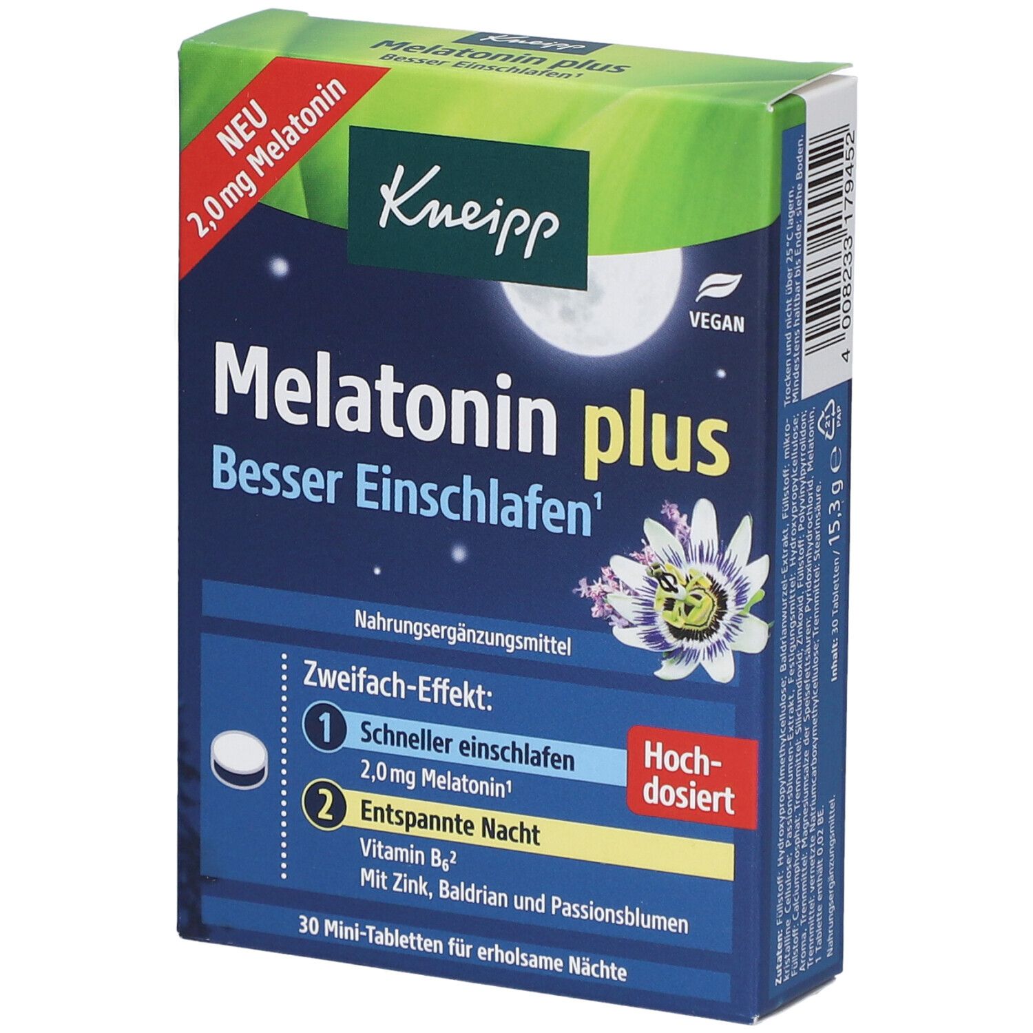 Kneipp Melatonin plus Tabletten-Packung. Blaue Schachtel mit Produktnamen und Inhaltsangaben. Vegan-Siegel.