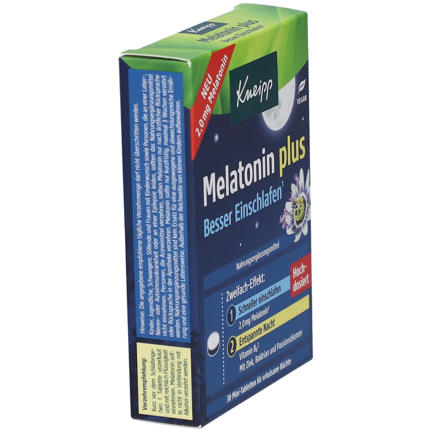 Kneipp Melatonin plus Tabletten-Packung, schräg. Blaue Schachtel mit Produktnamen und Inhaltsangaben. Vegan-Siegel.