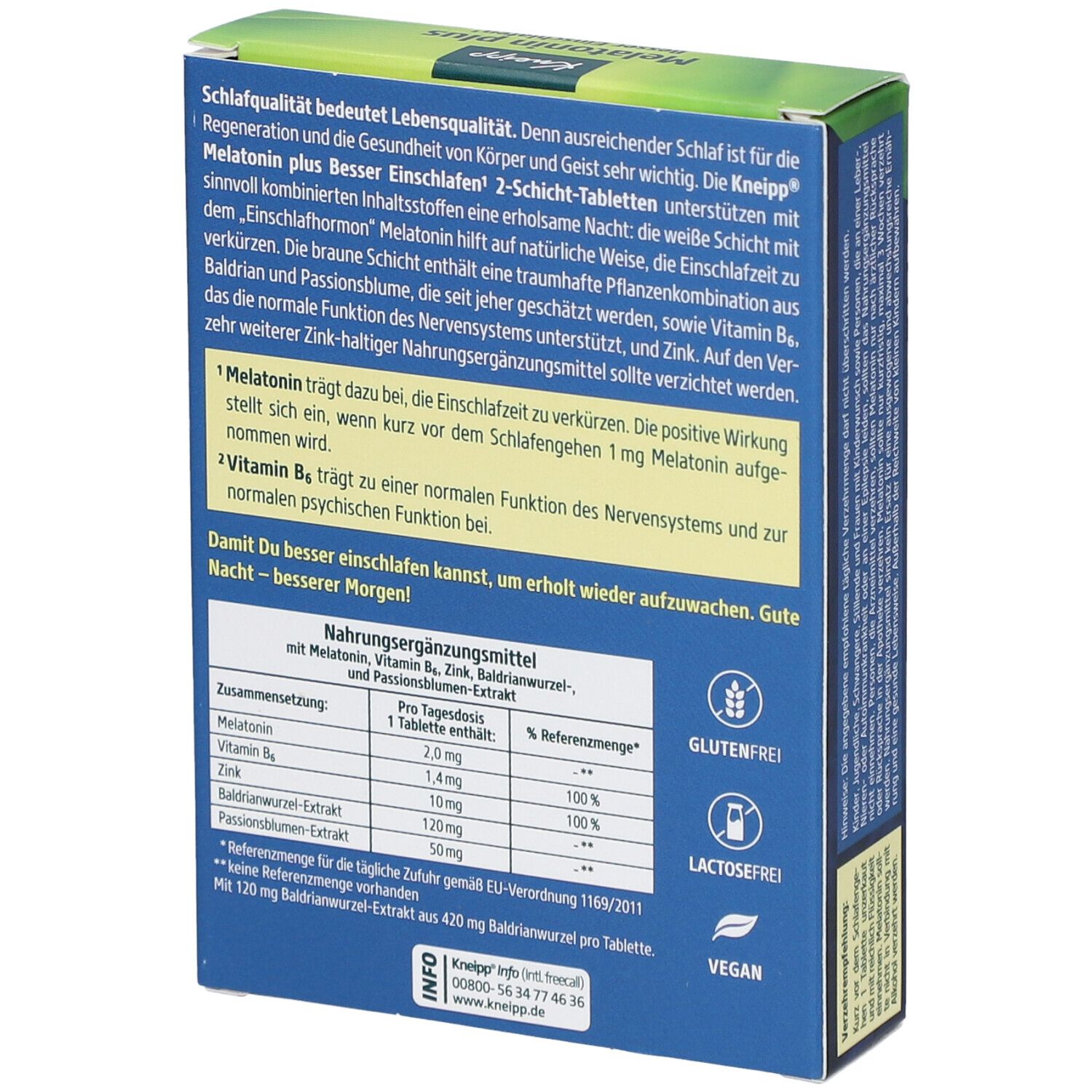 Rückseite der Kneipp Melatonin plus Tabletten-Packung. Enthält Inhaltsstoffe, Nährwertangaben und Vegan-Siegel.