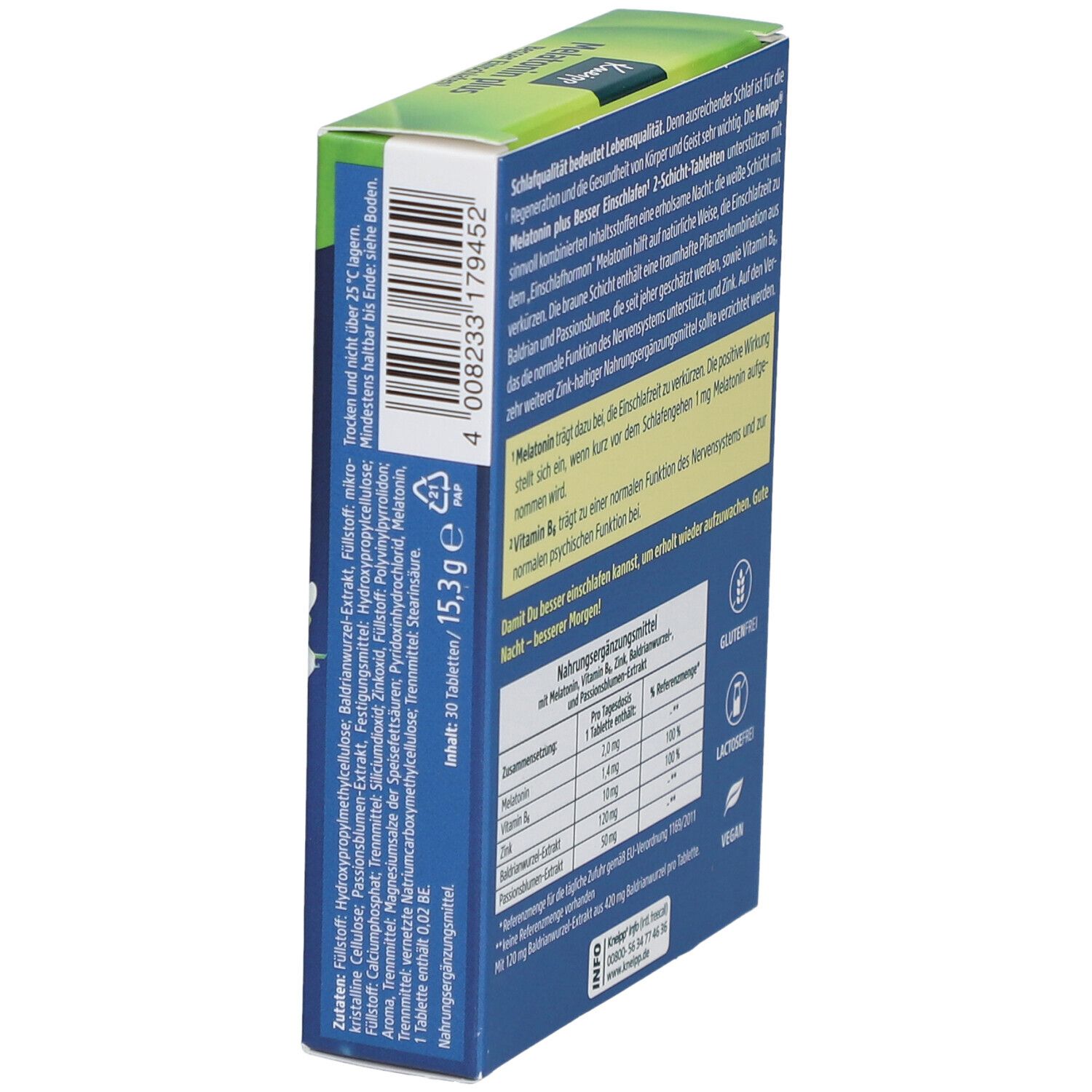 Kneipp Melatonin plus Tabletten-Packung, schräg. Enthält Inhaltsstoffe, Nährwertangaben und Vegan-Siegel.
