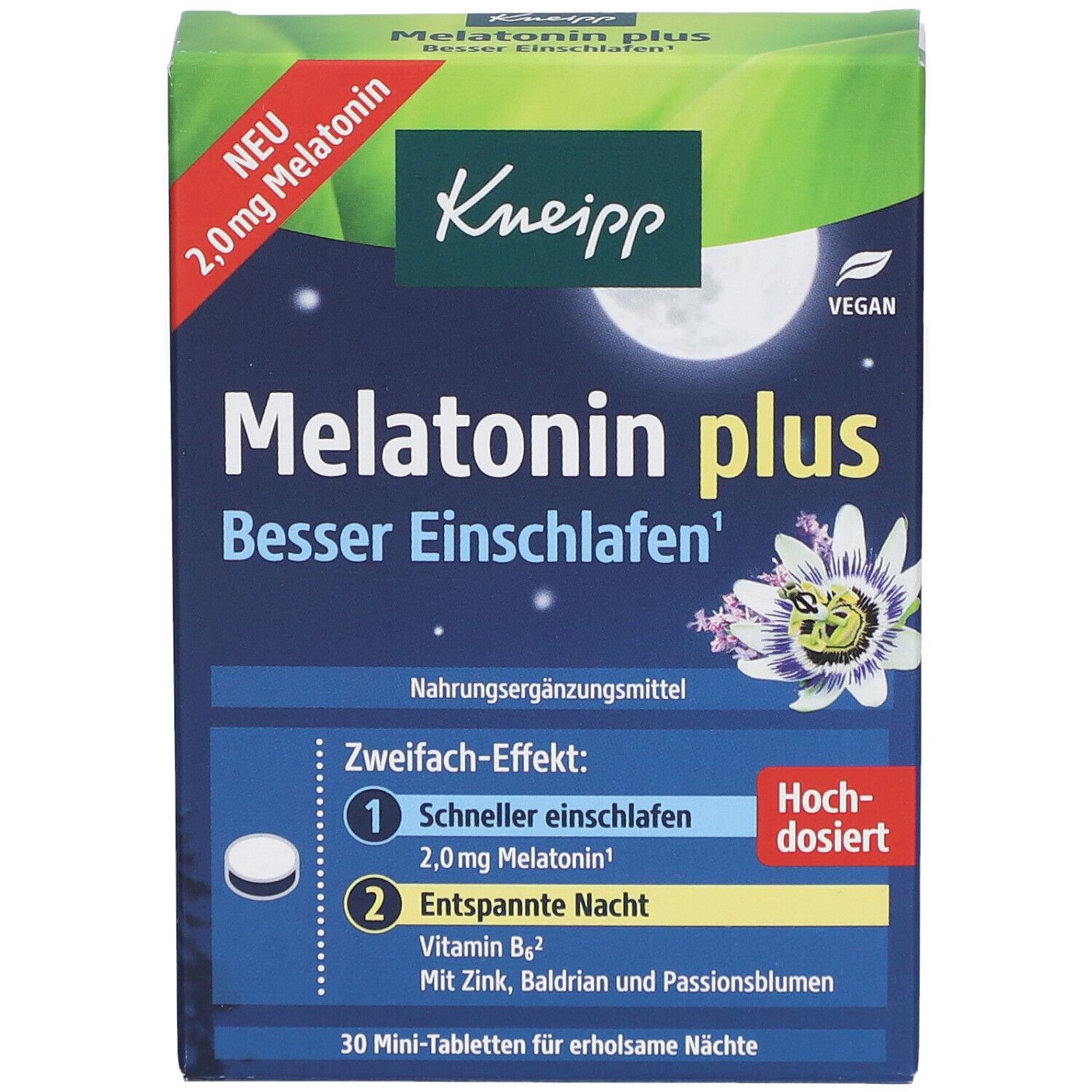 Kneipp Melatonin plus Tabletten-Packung. Blaue Schachtel mit Produktnamen und Inhaltsangaben. Vegan-Siegel.
