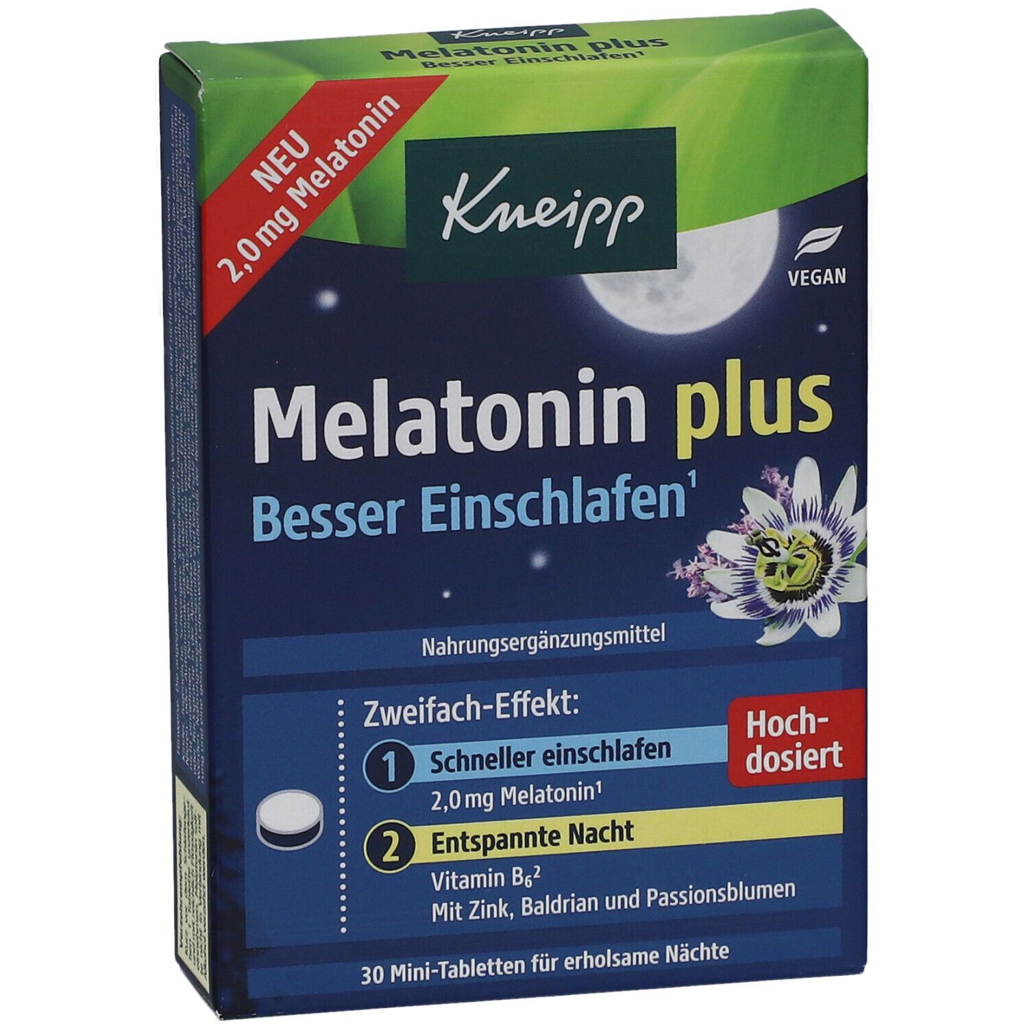 Kneipp Melatonin plus Packung. Blaue Schachtel mit Produktnamen und Inhaltsstoffen. Vegan.