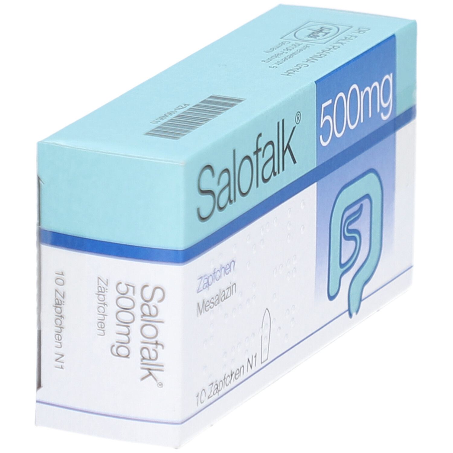 Hellblaue Schachtel mit Salofalk 500mg Zäpfchen. Aufschrift: Zäpfchen Mesalazin, 10 Zäpfchen N1. Logo: Darm-Symbol. Schachtel schräg.