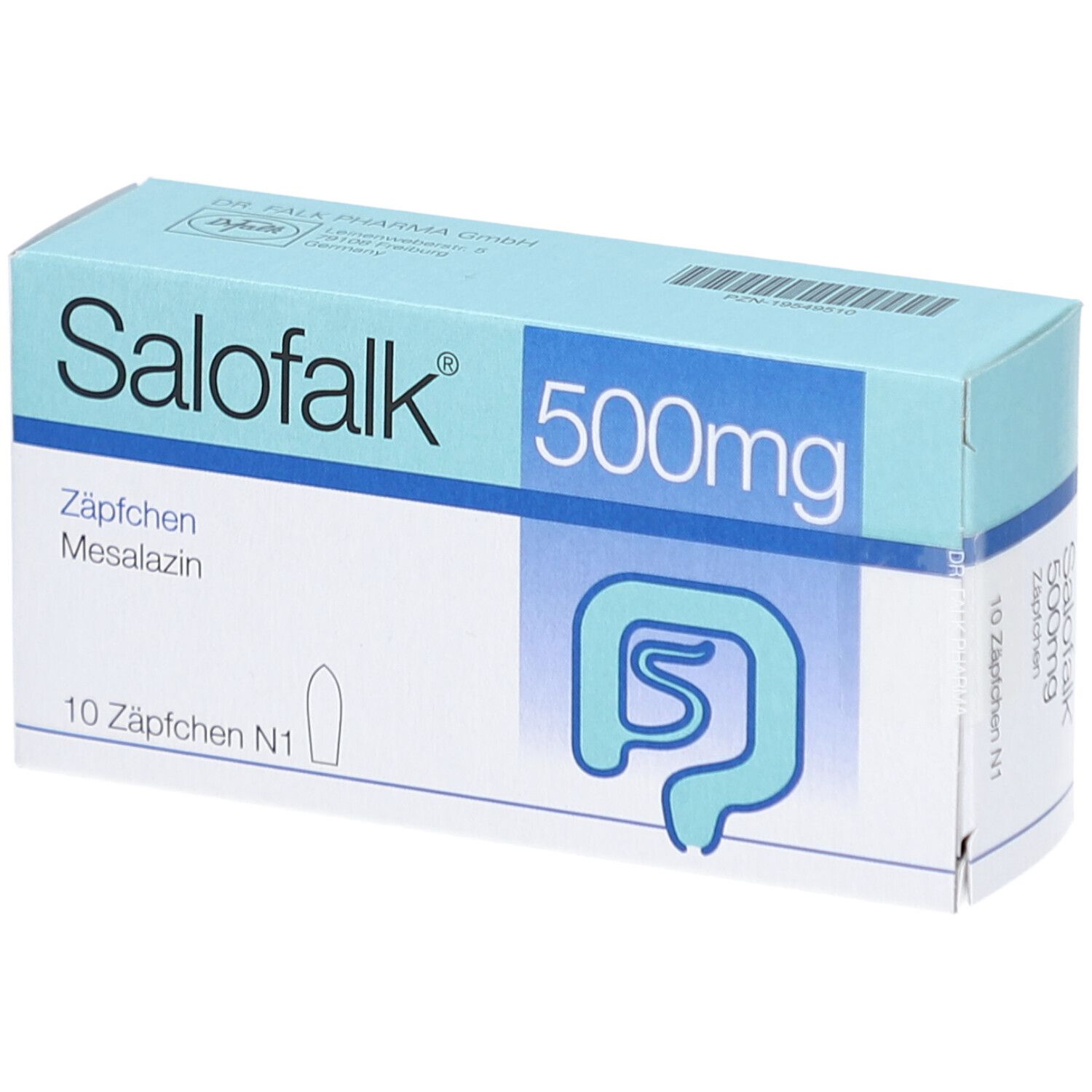 Hellblaue Schachtel mit Salofalk 500mg Zäpfchen. Aufschrift: Zäpfchen Mesalazin, 10 Zäpfchen N1. Logo: Darm-Symbol.