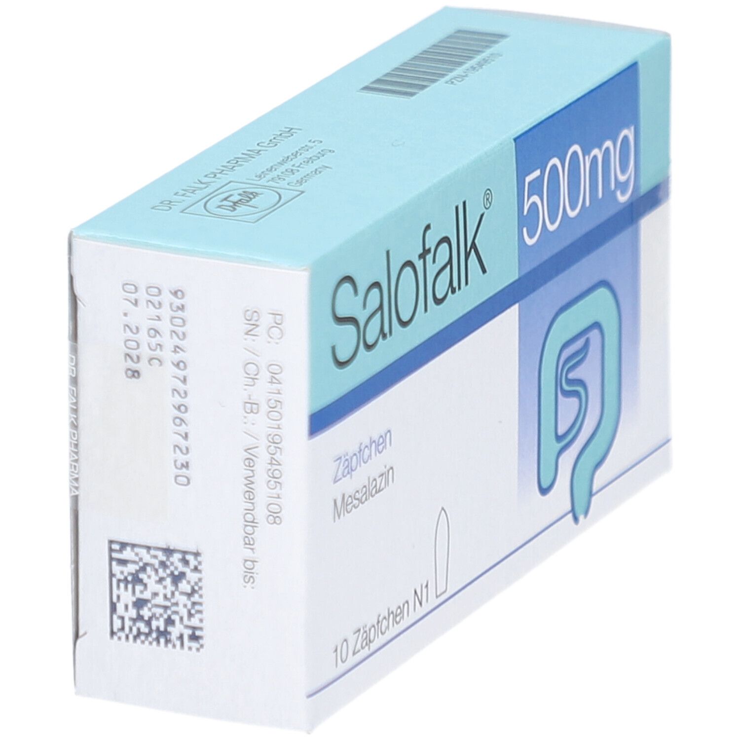 Hellblaue Schachtel mit Salofalk 500mg Zäpfchen. Aufschrift: Zäpfchen Mesalazin, 10 Zäpfchen N1. Logo: Darm-Symbol. Schachtel schräg.