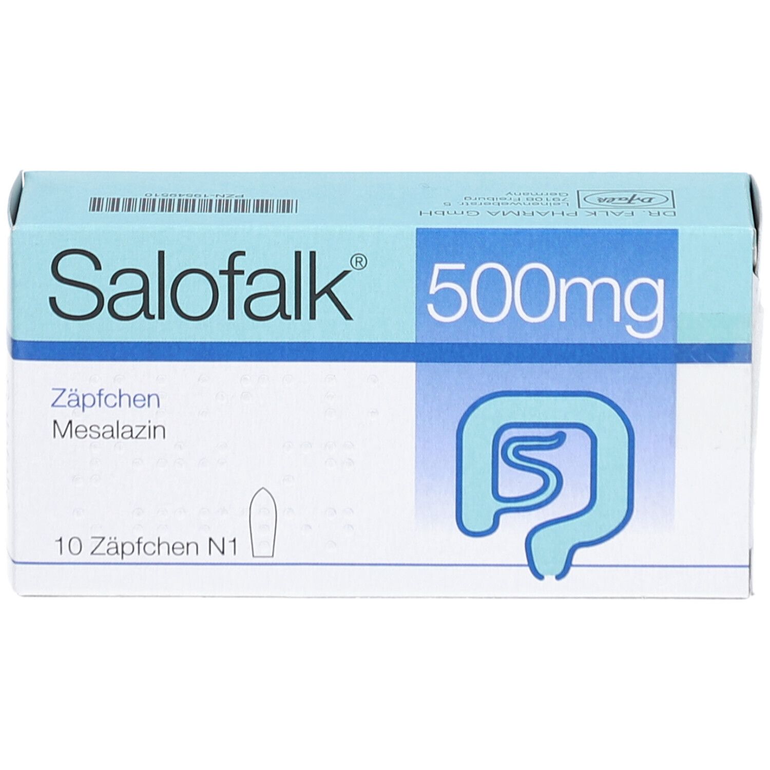 Hellblaue Schachtel mit Salofalk 500mg Zäpfchen. Aufschrift: Zäpfchen Mesalazin, 10 Zäpfchen N1. Logo: Darm-Symbol.