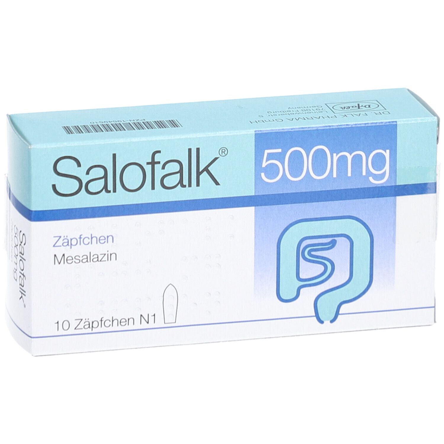 Hellblaue Schachtel mit Salofalk 500mg Zäpfchen. Aufschrift: Zäpfchen Mesalazin, 10 Zäpfchen N1. Logo: Darm-Symbol.