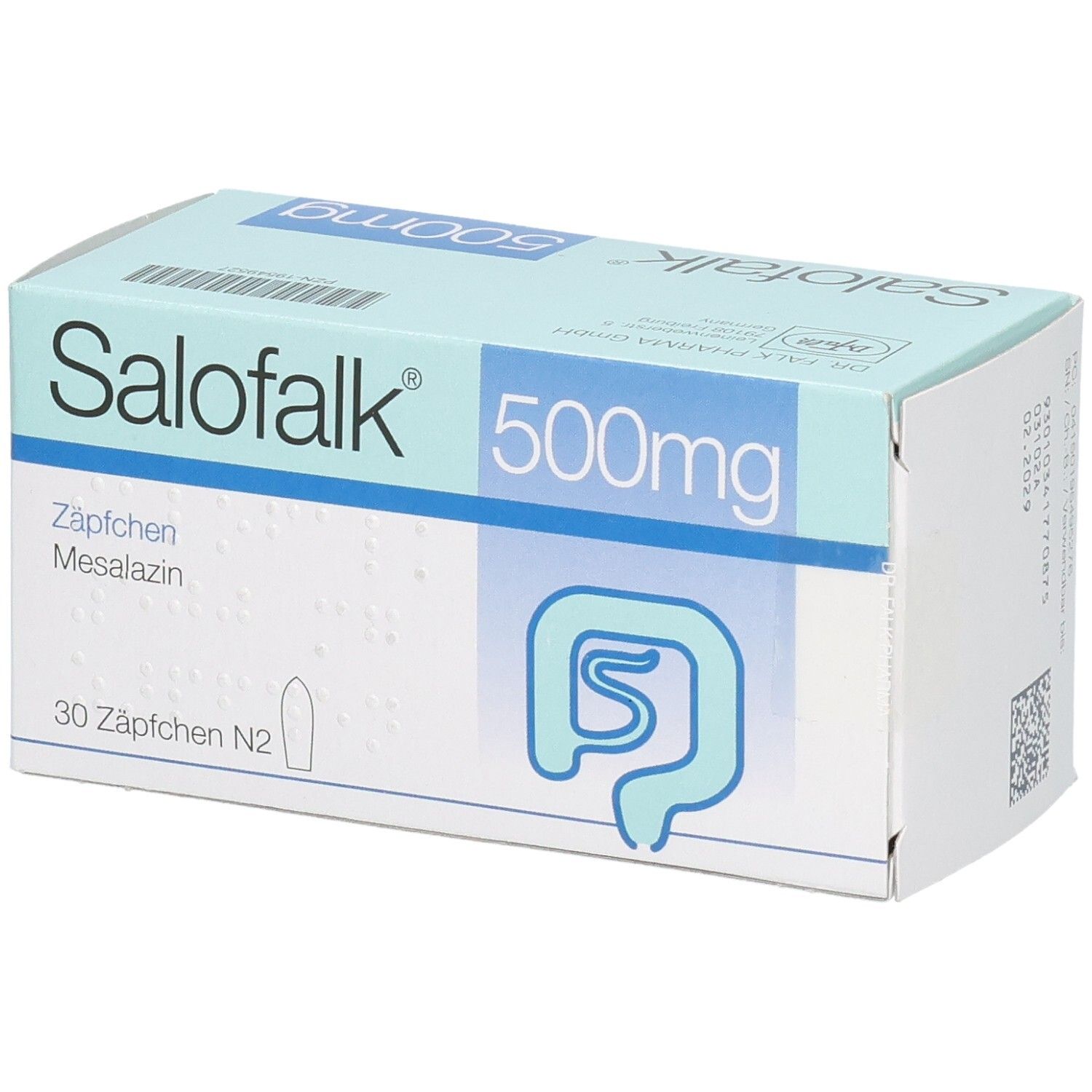 Schachtel mit SALOFALK 500 mg Zäpfchen. Aufschrift: 30 Zäpfchen N2, Mesalazin. Hellblau-weiße Verpackung mit Darm-Symbol.