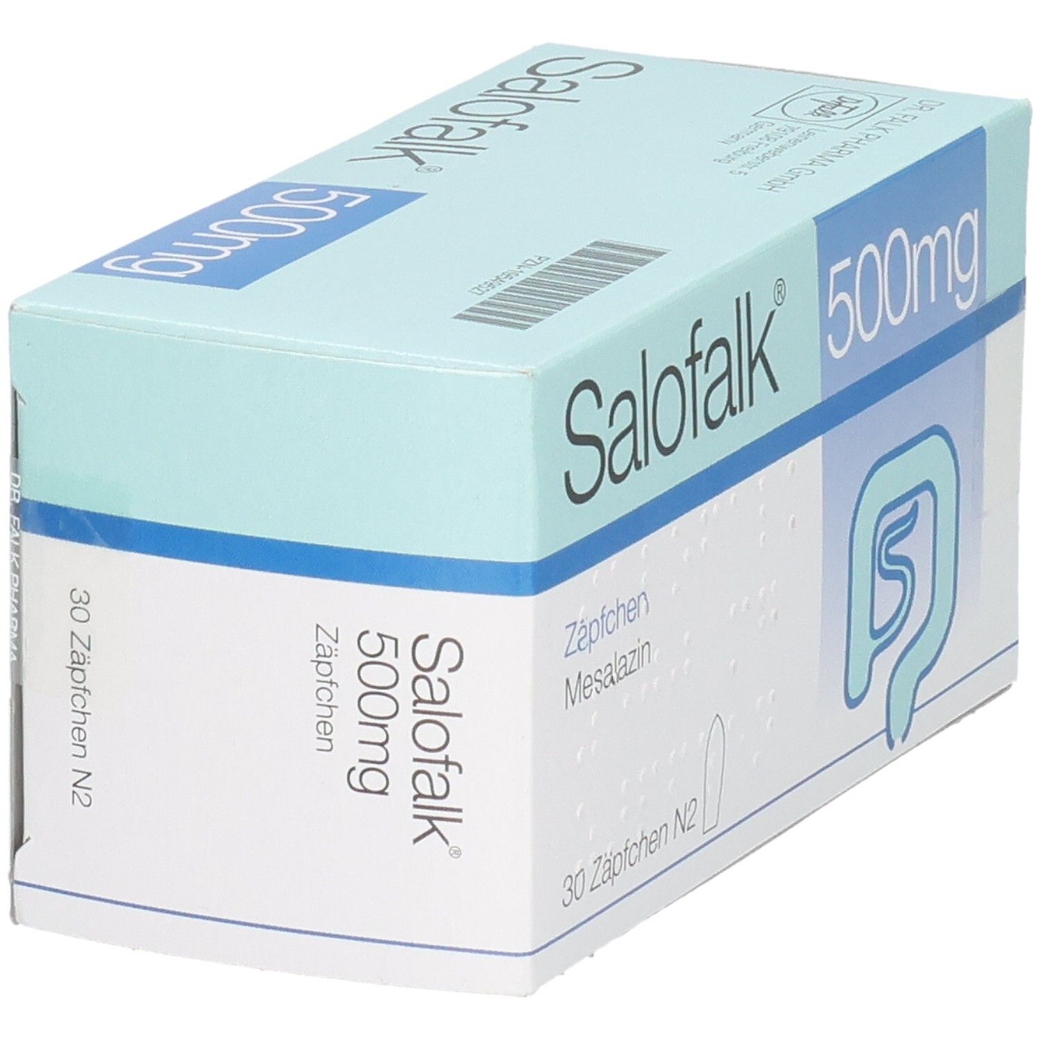 Schachtel mit SALOFALK 500 mg Zäpfchen. Aufschrift: 30 Zäpfchen N2, Mesalazin. Hellblau-weiße Verpackung mit Darm-Symbol. Perspektivische Ansicht.