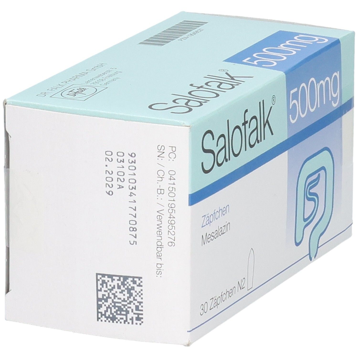 Schachtel mit SALOFALK 500 mg Zäpfchen. Aufschrift: 30 Zäpfchen N2, Mesalazin. Hellblau-weiße Verpackung mit Darm-Symbol. Rückseite mit Text.