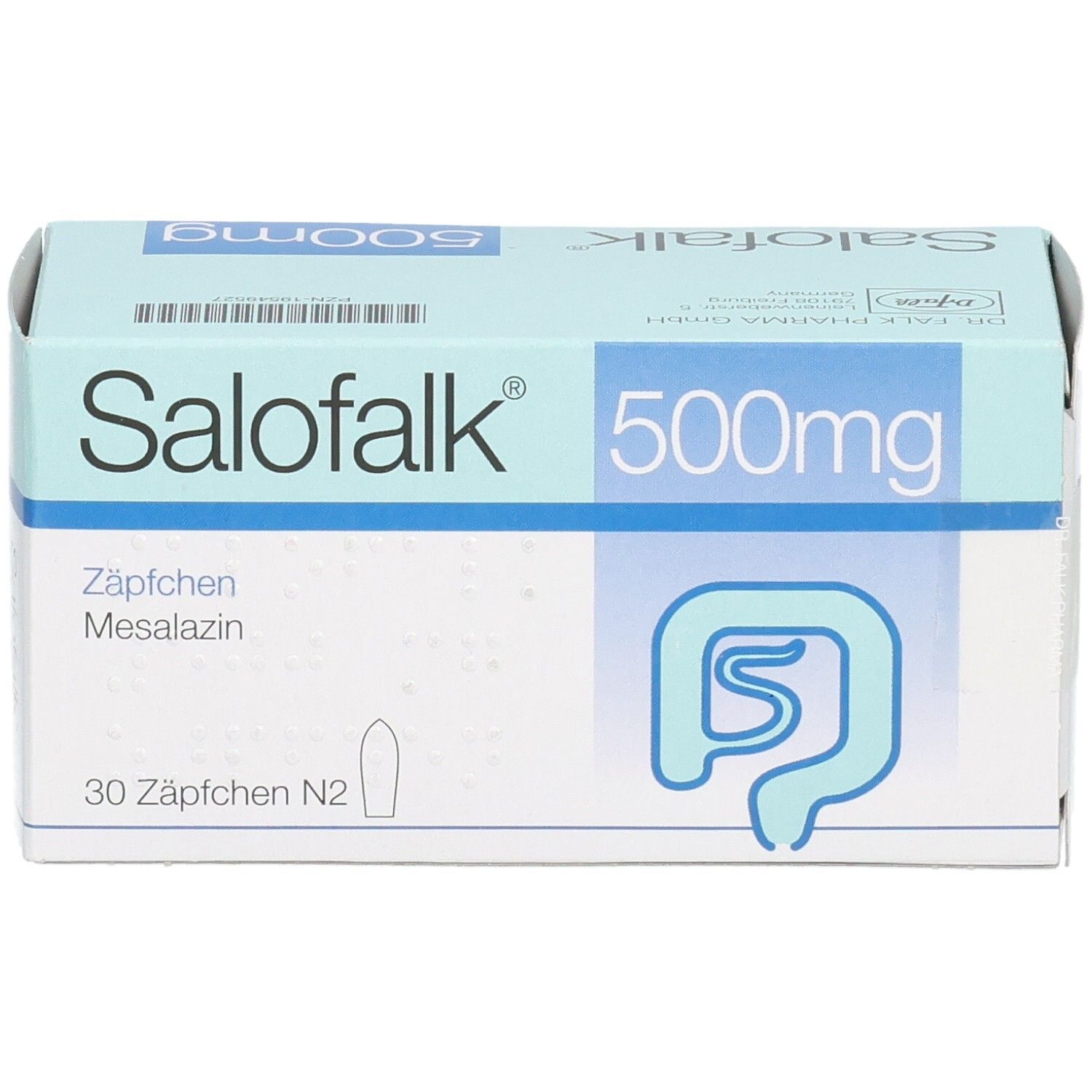 Schachtel mit SALOFALK 500 mg Zäpfchen. Aufschrift: 30 Zäpfchen N2, Mesalazin. Hellblau-weiße Verpackung mit Darm-Symbol.