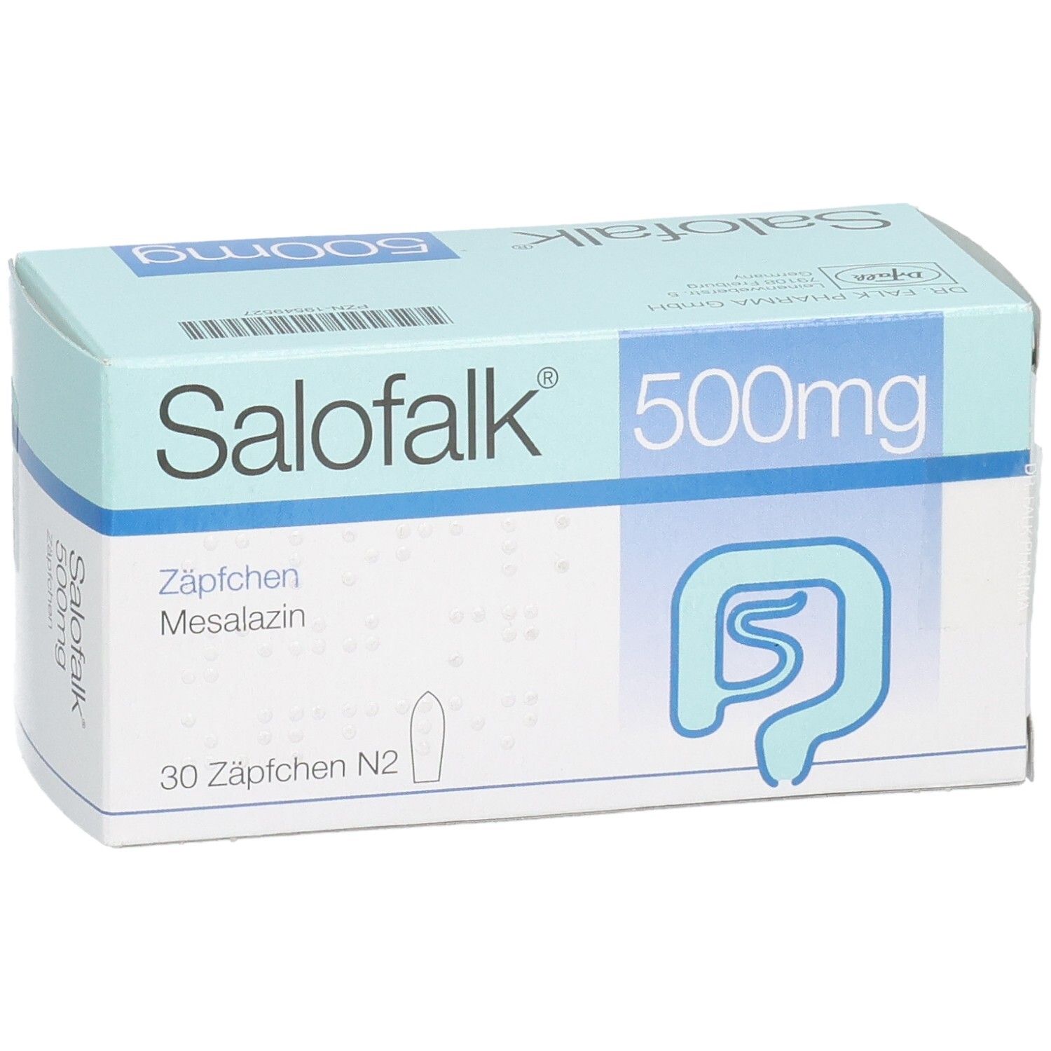 Schachtel mit SALOFALK 500 mg Zäpfchen. Aufschrift: 30 Zäpfchen N2, Mesalazin. Hellblau-weiße Verpackung mit Darm-Symbol.