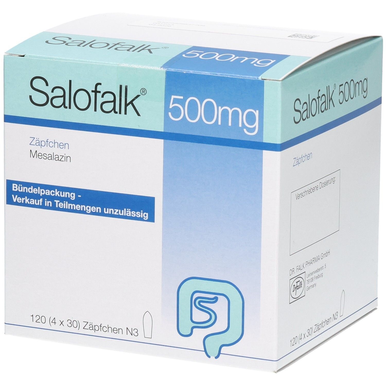 Salofalk 500mg Zäpfchen Packung mit 120 Stück. Blauer und grüner Aufdruck auf weißem Karton.