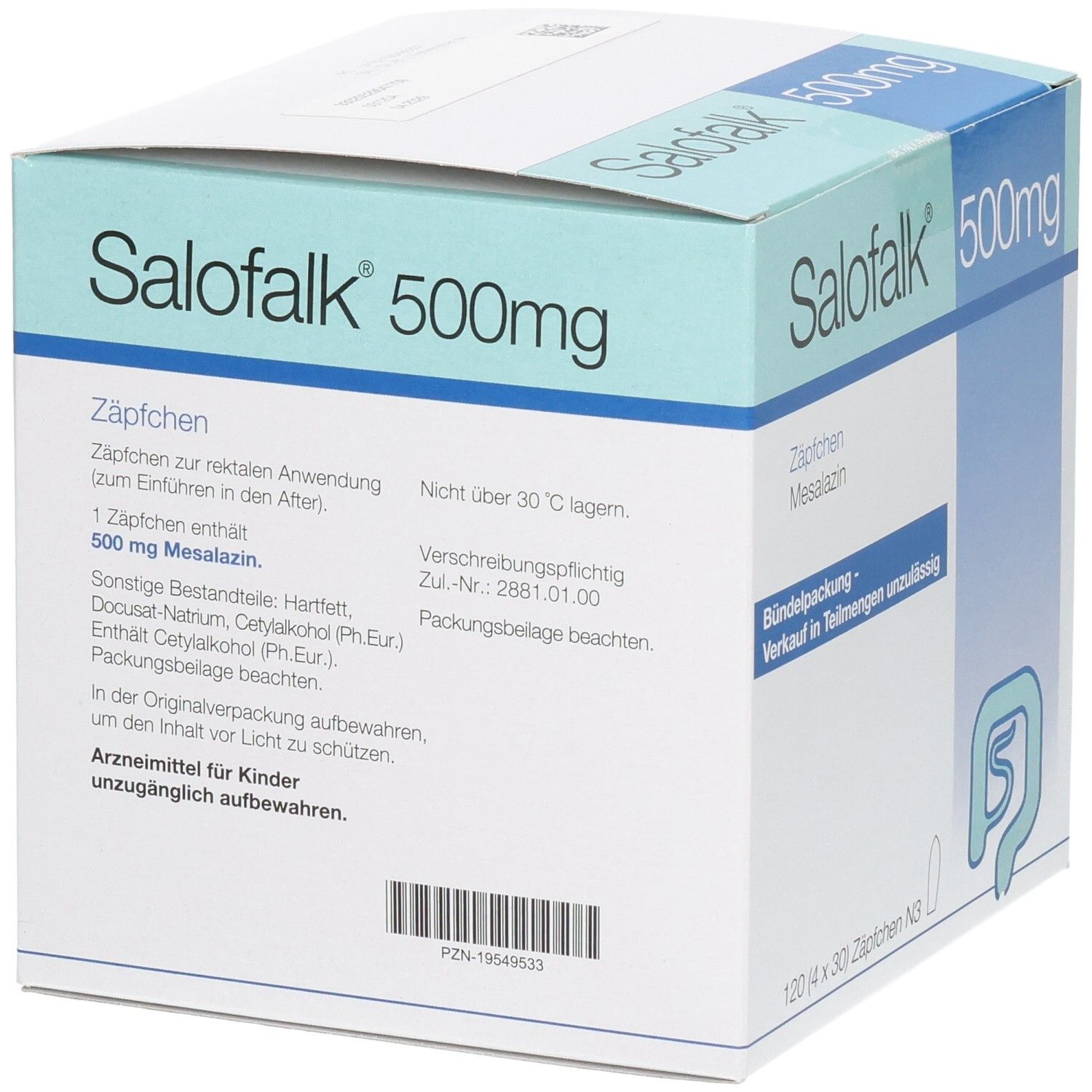Rückseite der Salofalk 500mg Zäpfchen Packung mit 120 Stück. Enthält Anwendungsinformationen.