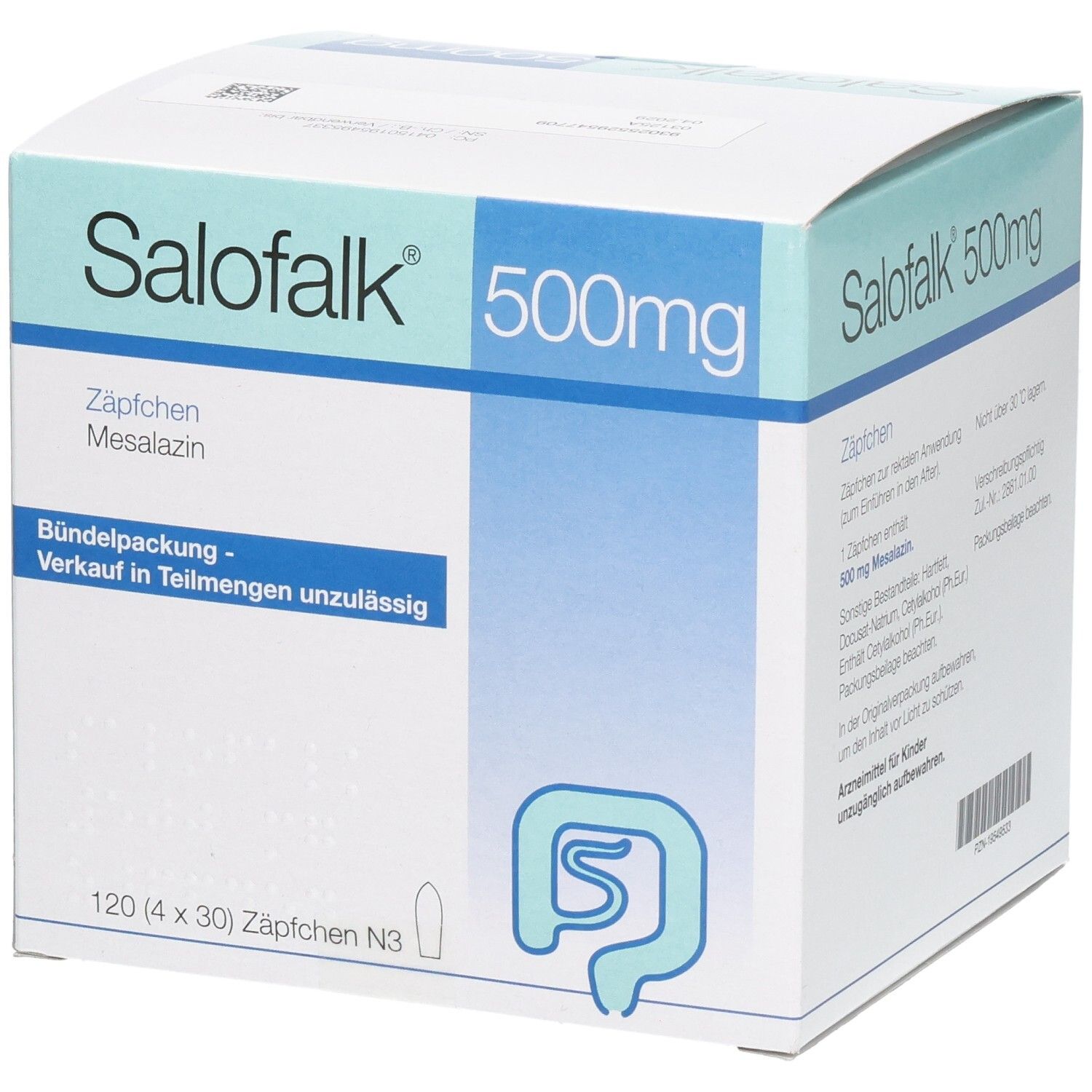 Seitenansicht der Salofalk 500mg Zäpfchen Packung mit 120 Stück. Blauer und grüner Aufdruck.