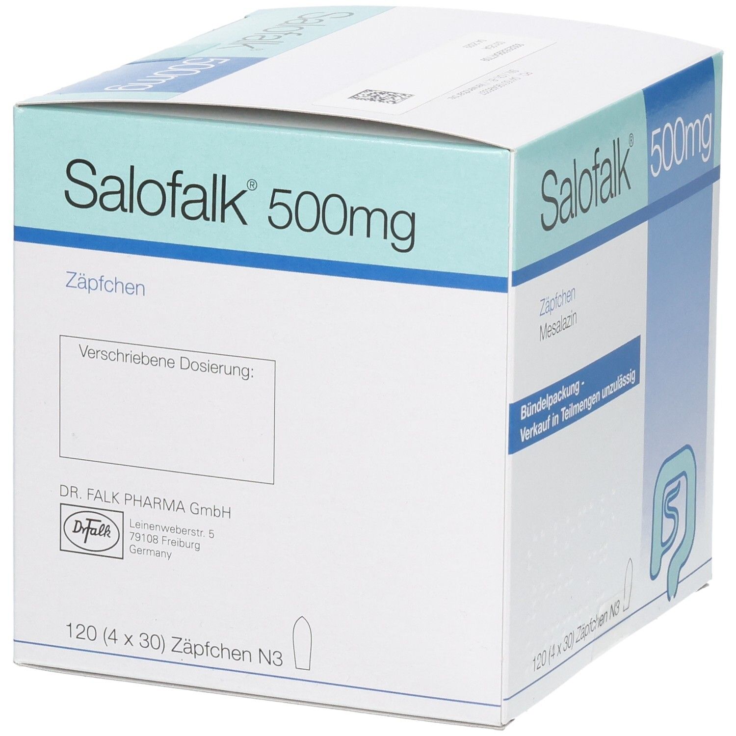 Seitenansicht der Salofalk 500mg Zäpfchen Packung mit 120 Stück. Enthält Herstellerinformationen.