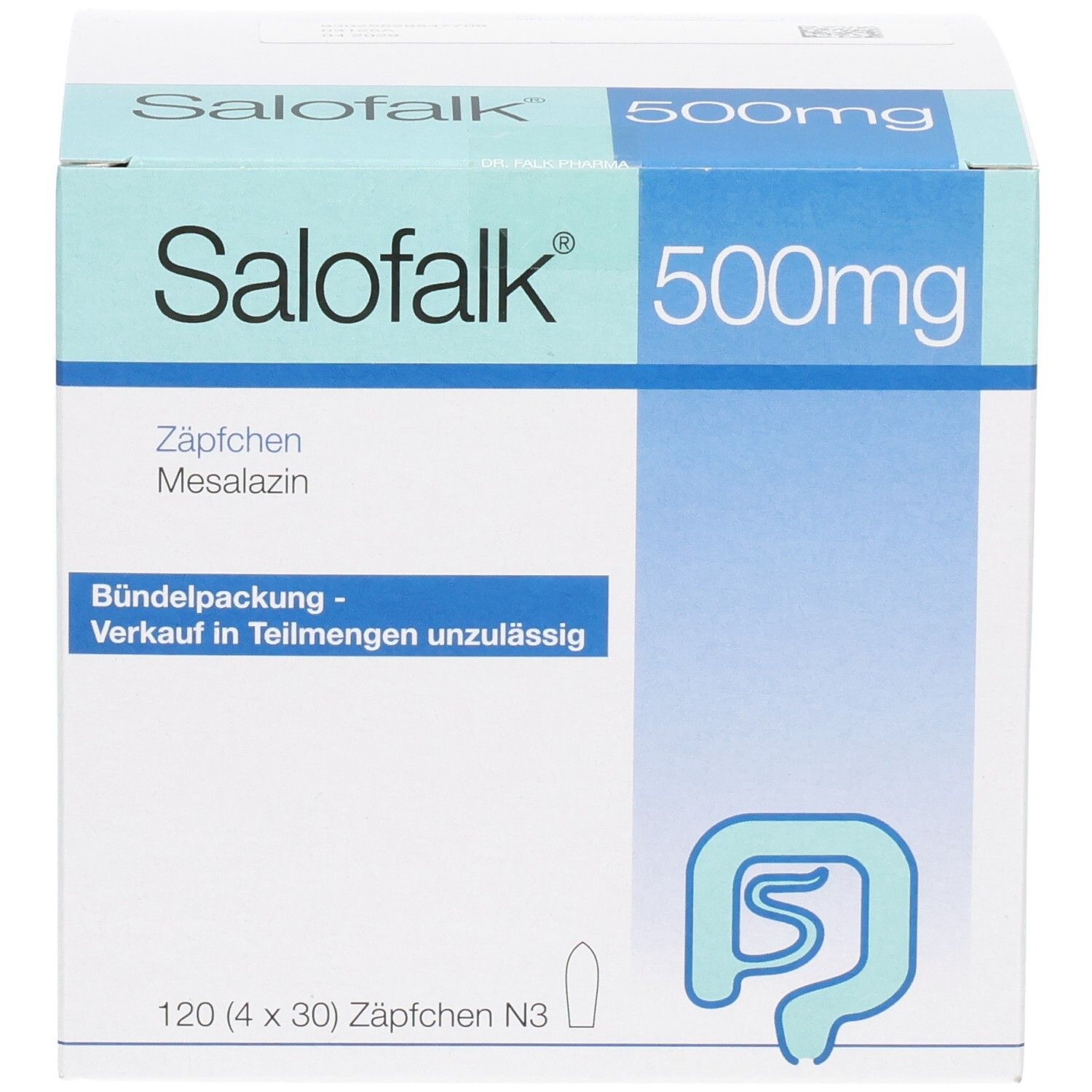Vorderseite der Salofalk 500mg Zäpfchen Packung mit 120 Stück. Symbol einer Darmkontur.