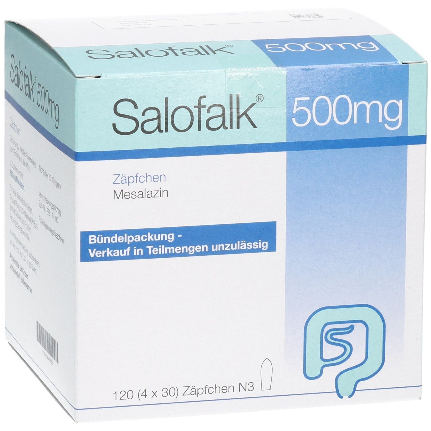 Salofalk 500mg Zäpfchen Packung mit 120 Stück. Blauer und grüner Aufdruck, Symbol einer Darmkontur.