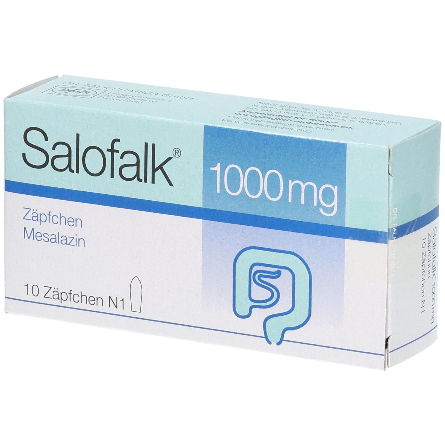 Salofalk 1000 mg Zäpfchen, Packung mit 10 Stück. Enthält Mesalazin.