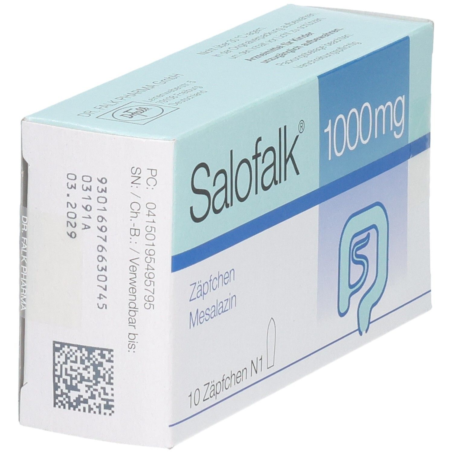 Salofalk 1000 mg Zäpfchen, Packung mit 10 Stück. Rückseite mit Chargennummer und Verfallsdatum.