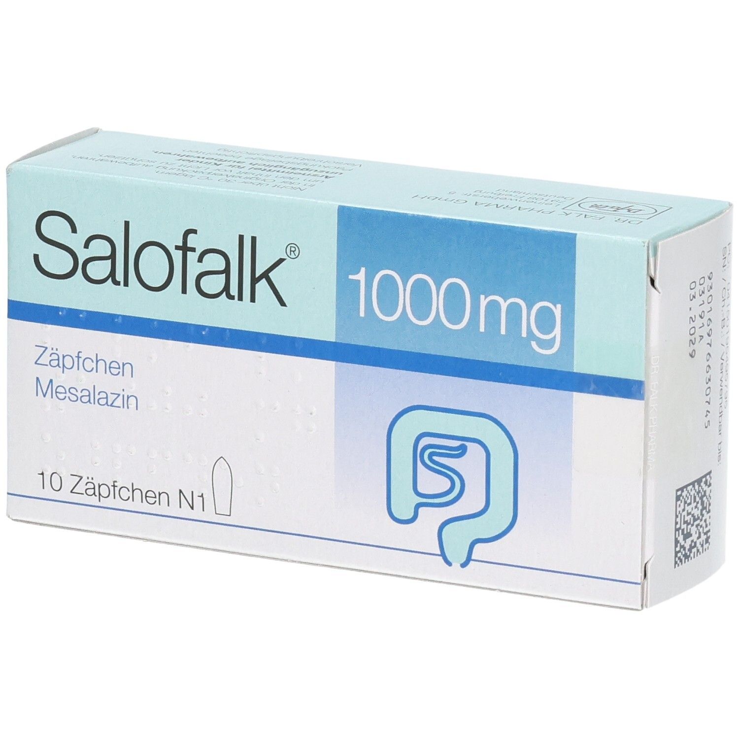 Salofalk 1000 mg Zäpfchen, Packung mit 10 Stück. Vorderseite mit Produktinformationen und Darmsymbol.