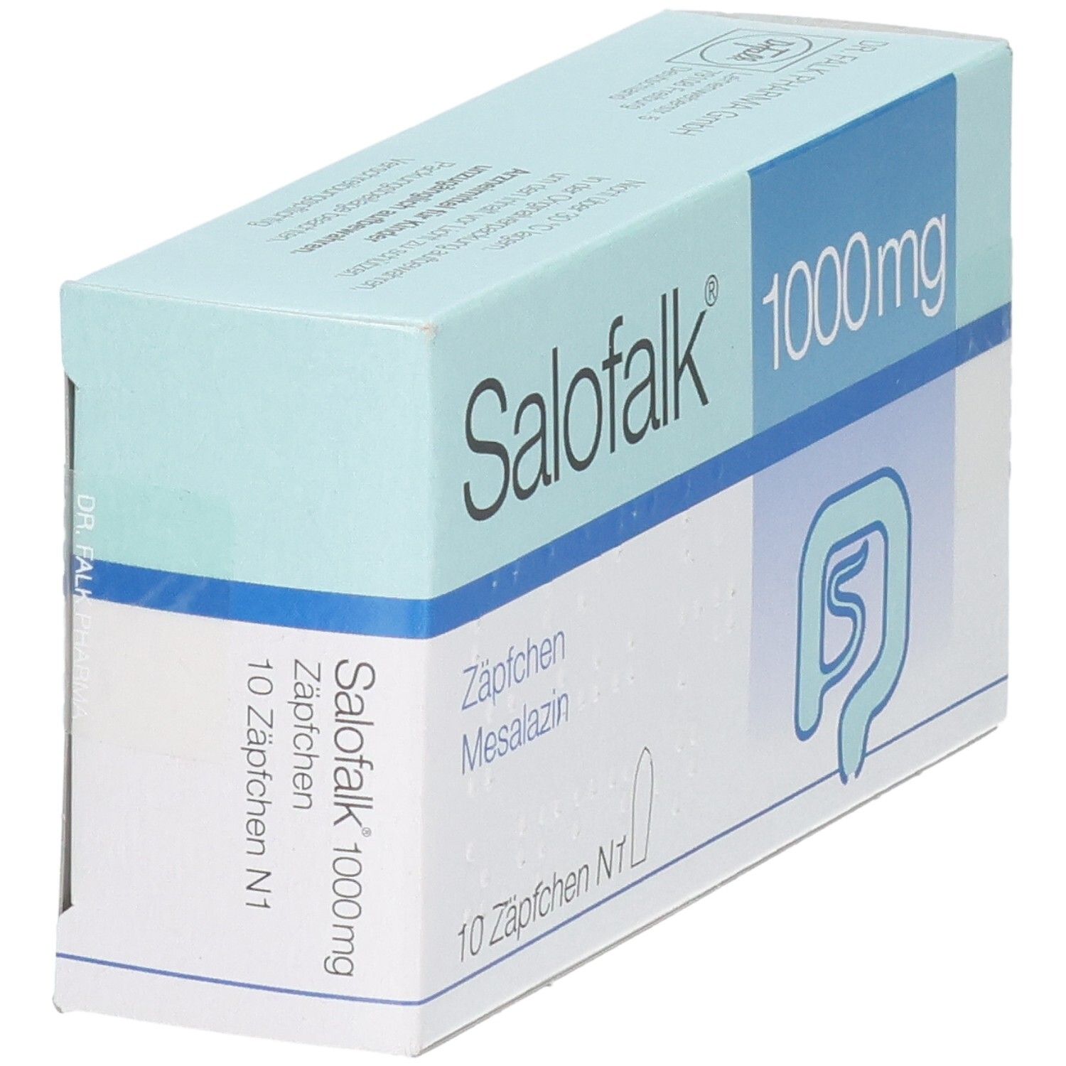 Salofalk 1000 mg Zäpfchen, Packung mit 10 Stück. Seitenansicht der Verpackung.