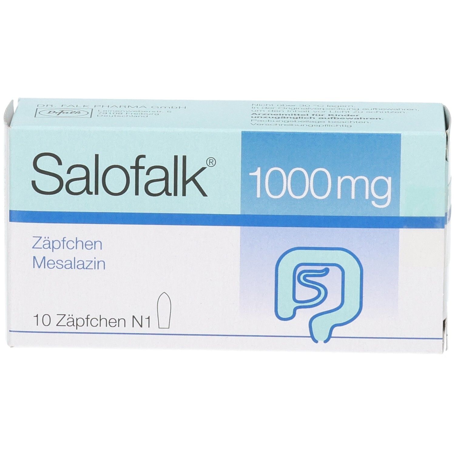 Salofalk 1000 mg Zäpfchen, Packung mit 10 Stück. Vorderansicht der Verpackung.