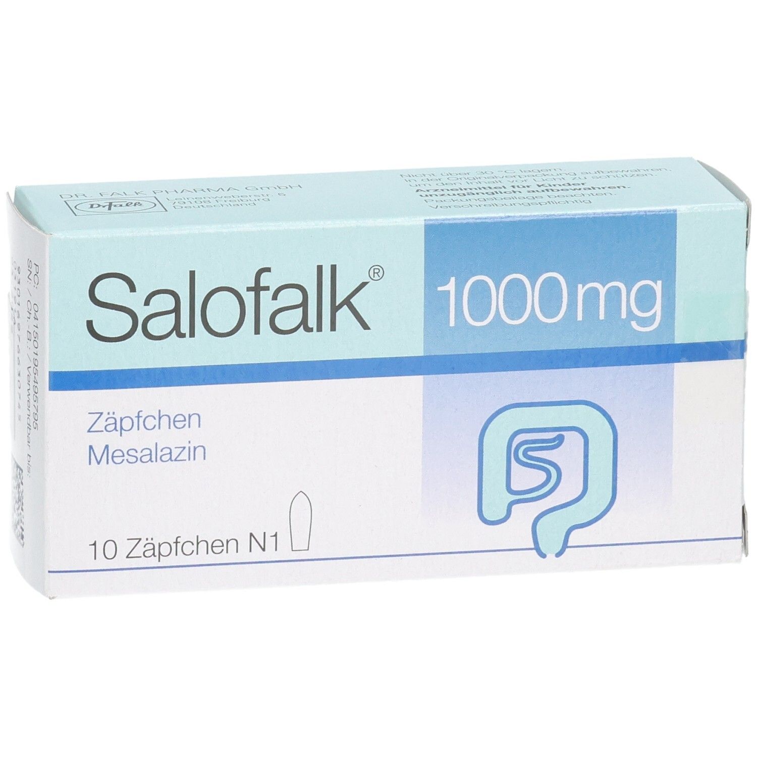 Salofalk 1000 mg Zäpfchen, Packung mit 10 Stück. Leicht schräge Vorderansicht der Verpackung.