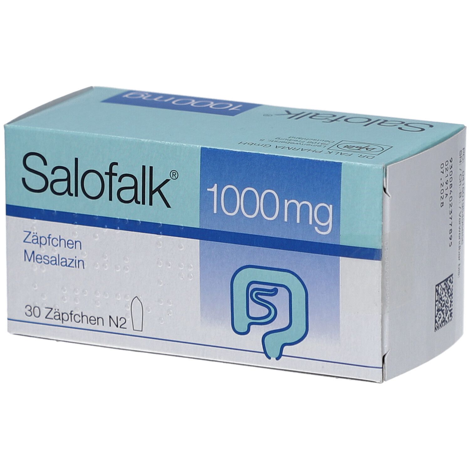 Schachtel mit Salofalk 1000 mg Zäpfchen. Blaue und weiße Verpackung. Aufschrift: Salofalk, 1000 mg, 30 Zäpfchen N2.