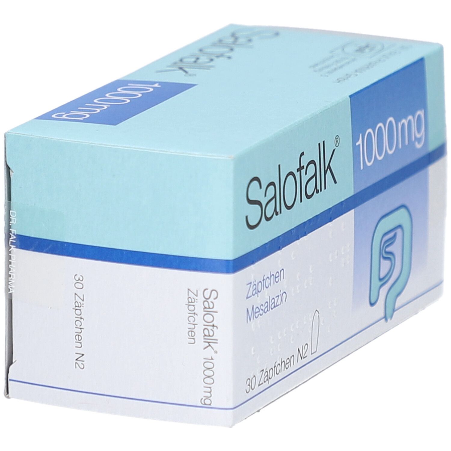 Schachtel mit Salofalk 1000 mg Zäpfchen. Blaue und weiße Verpackung. Aufschrift: Salofalk, 1000 mg, 30 Zäpfchen N2.