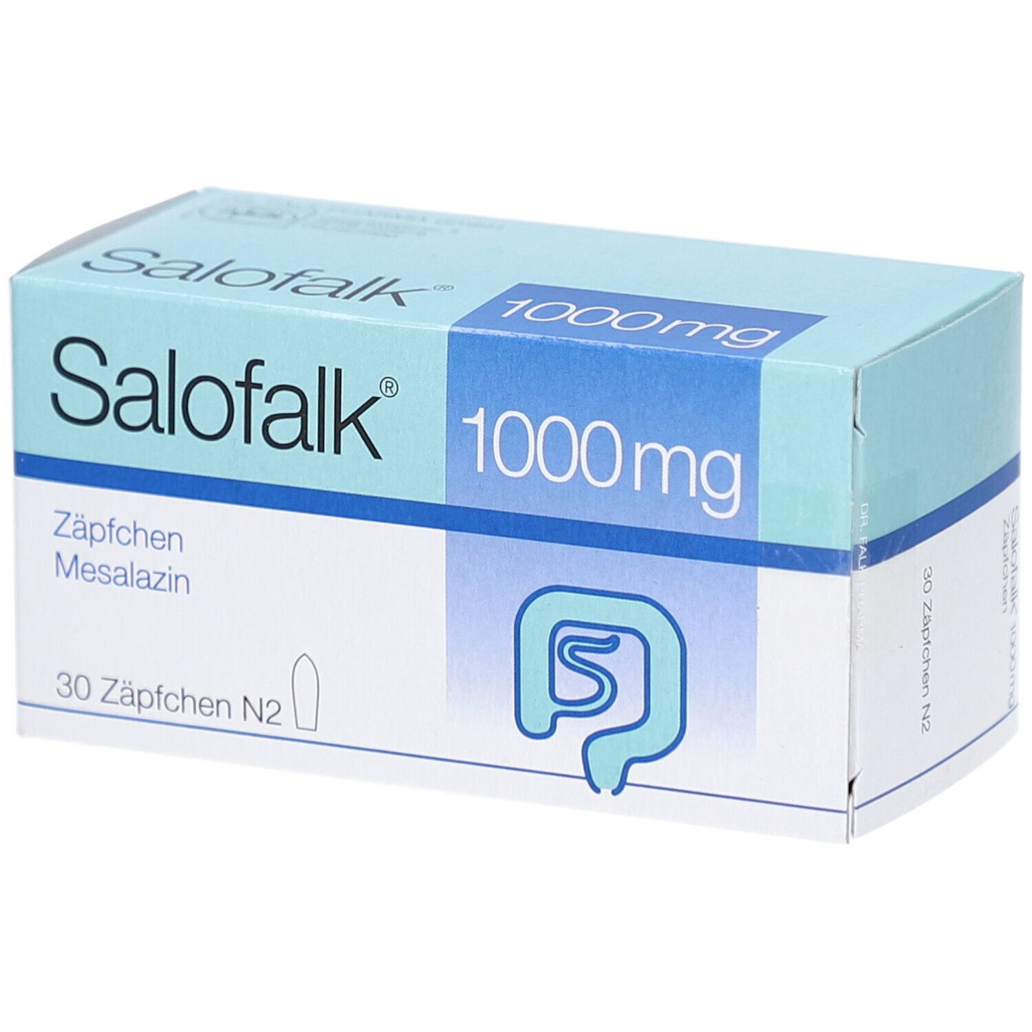 Schachtel mit Salofalk 1000 mg Zäpfchen. Blaue und weiße Verpackung. Aufschrift: Salofalk, 1000 mg, 30 Zäpfchen N2.