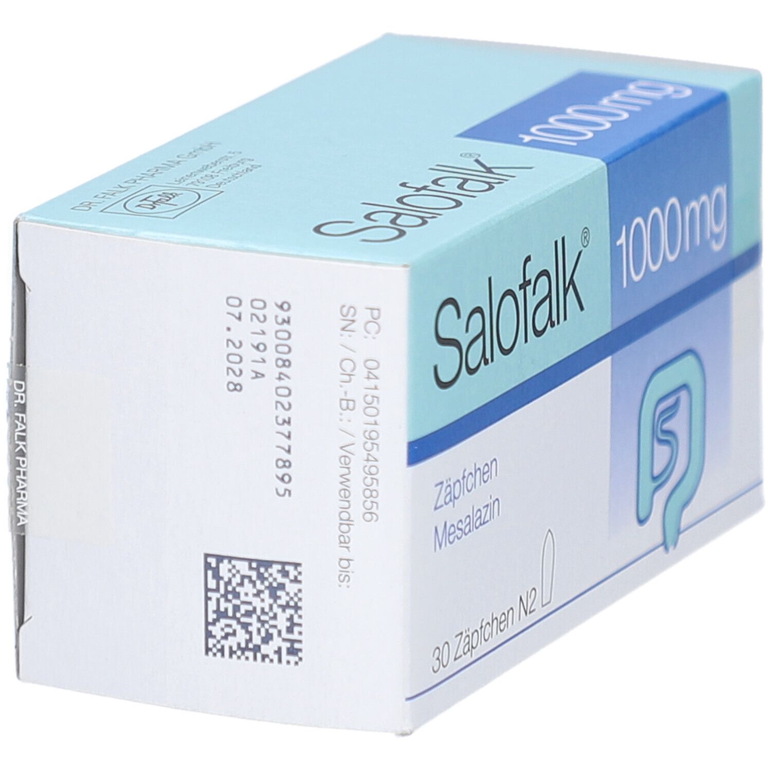 Schachtel mit Salofalk 1000 mg Zäpfchen. Blaue und weiße Verpackung. Aufschrift: Salofalk, 1000 mg, 30 Zäpfchen N2.