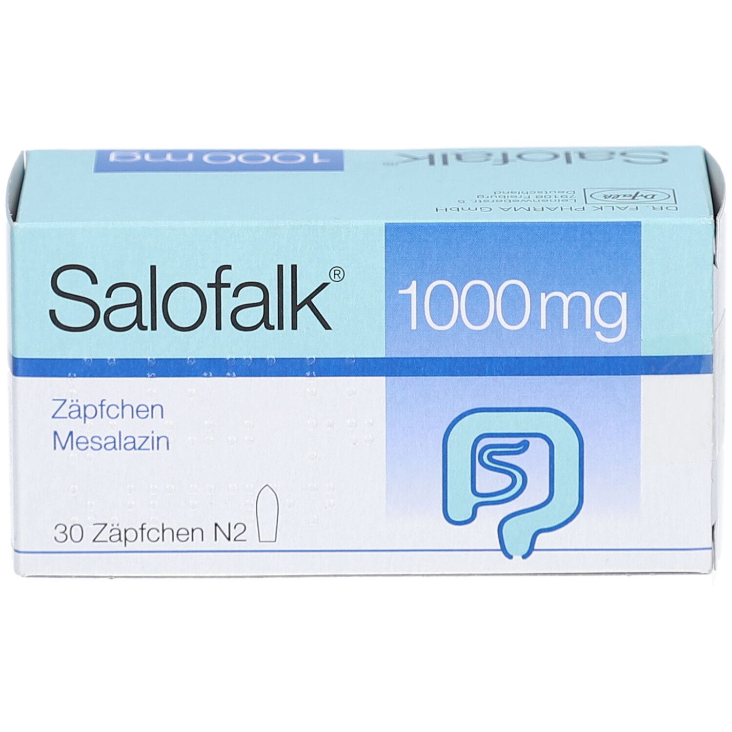 Schachtel mit Salofalk 1000 mg Zäpfchen. Blaue und weiße Verpackung. Aufschrift: Salofalk, 1000 mg, 30 Zäpfchen N2.
