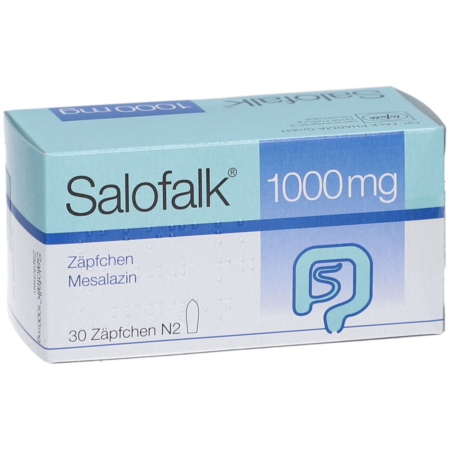 Schachtel mit Salofalk 1000 mg Zäpfchen. Blaue und weiße Verpackung. Aufschrift: Salofalk, 1000 mg, 30 Zäpfchen N2.