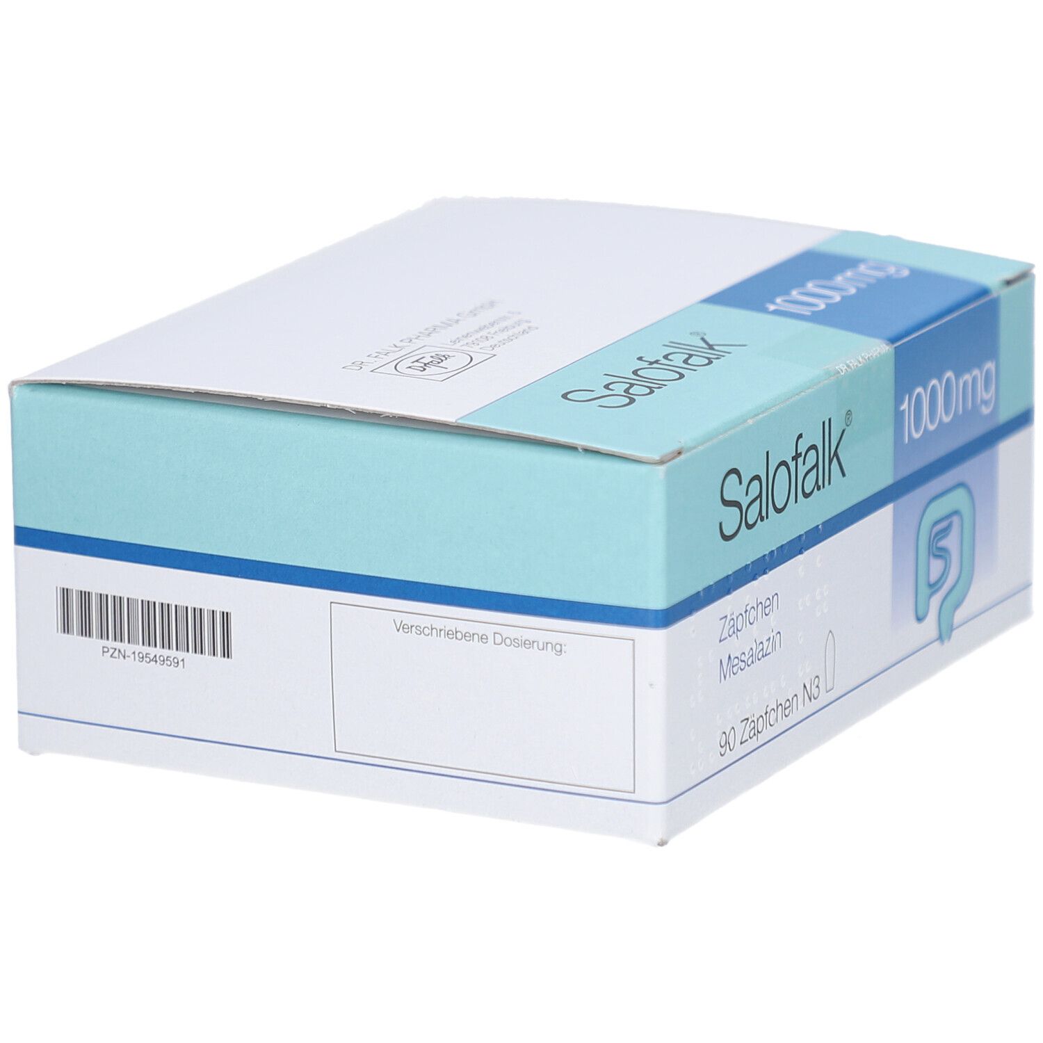 Karton SALOFALK 1000 mg Zäpfchen. Aufschrift: 1000mg. Logo Darm. Türkis-weiße Verpackung. Barcode.