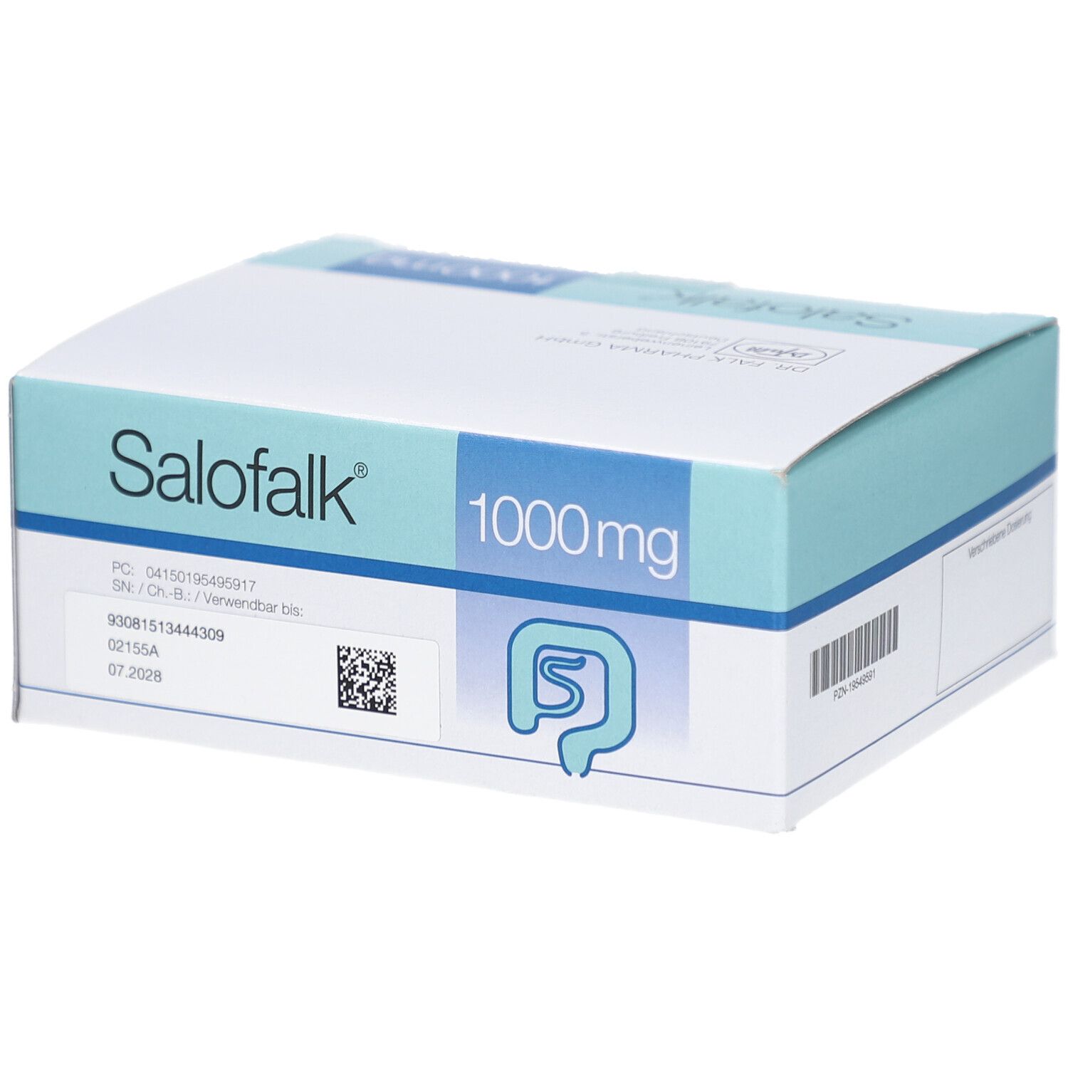 Karton SALOFALK 1000 mg Zäpfchen. Aufschrift: 1000mg. Logo Darm. Türkis-weiße Verpackung. QR-Code.