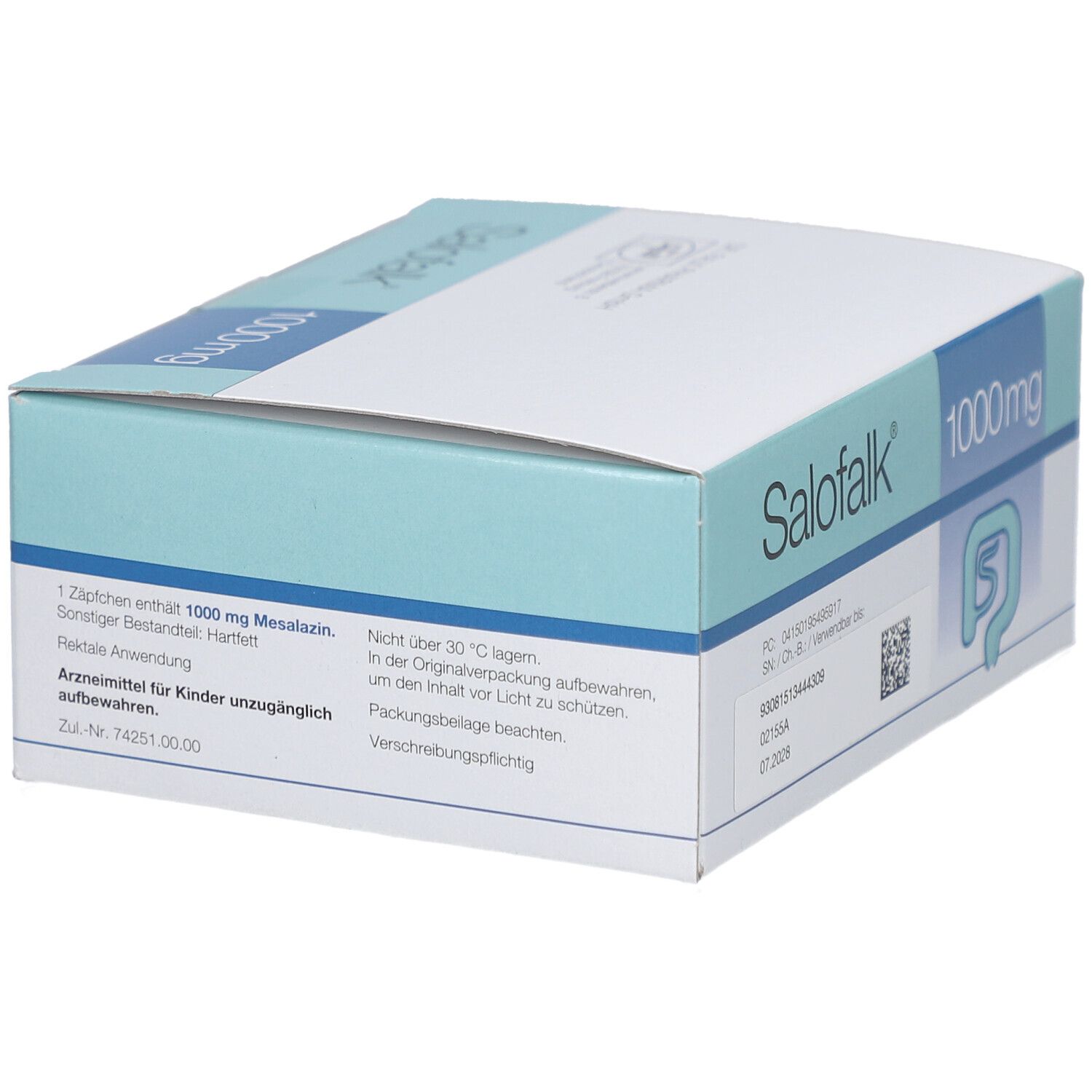 Rückseite der Verpackung SALOFALK 1000 mg Zäpfchen. Türkis-weiße Verpackung. Textinformationen.