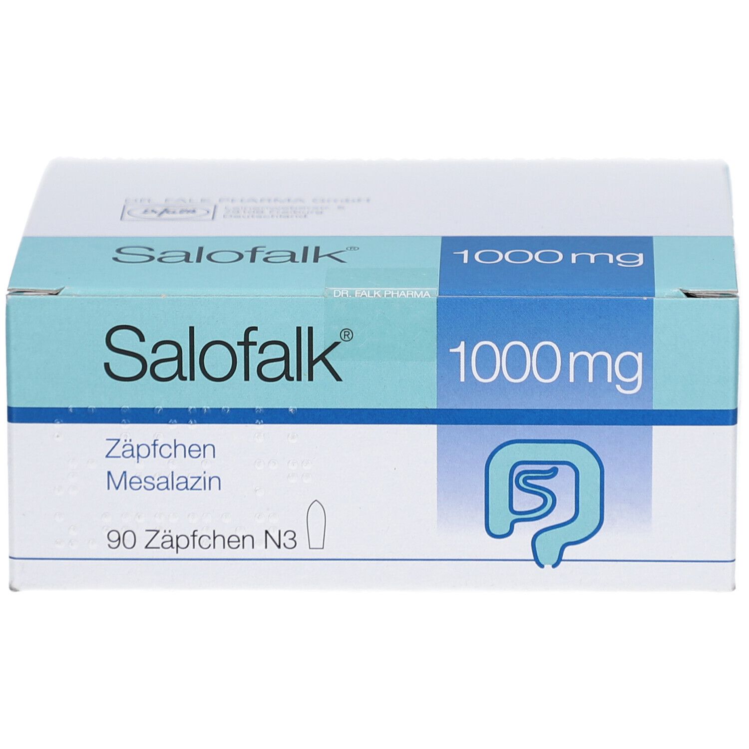 Karton SALOFALK 1000 mg Zäpfchen. Aufschrift: 1000mg. Logo Darm. Türkis-weiße Verpackung.