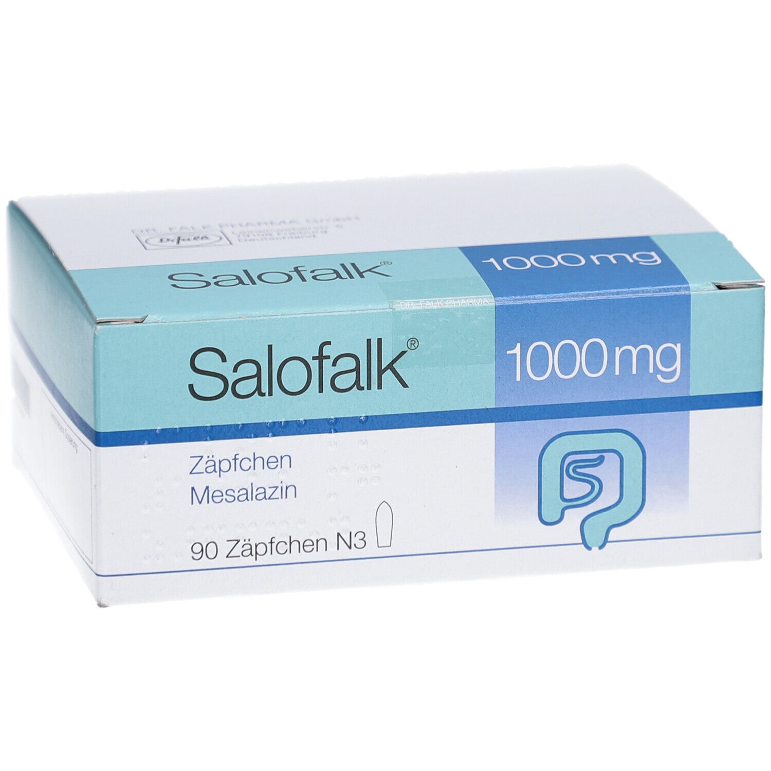 Karton SALOFALK 1000 mg Zäpfchen. Aufschrift: 1000mg. Logo Darm. Türkis-weiße Verpackung.