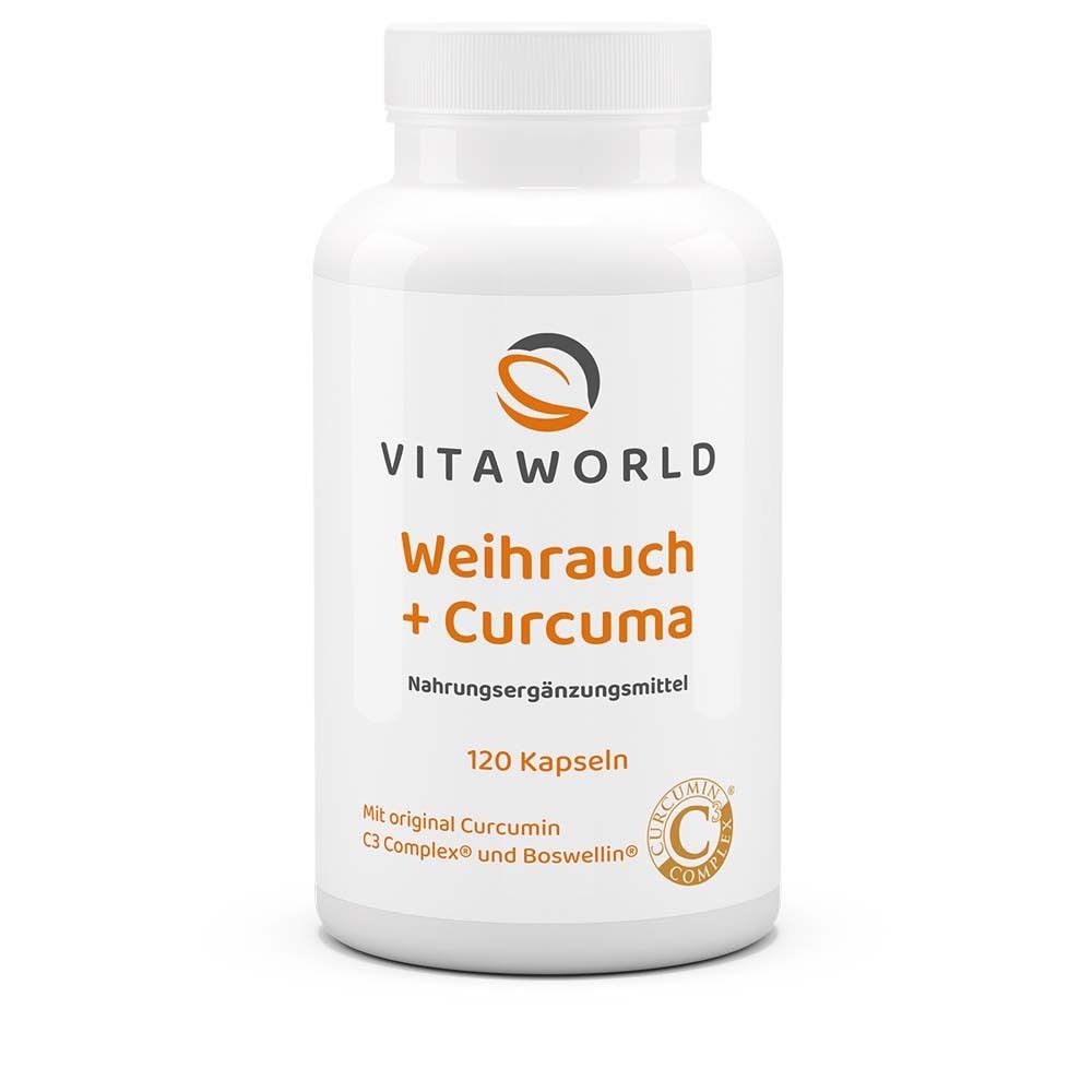 Weiße Flasche mit Kapseln. Aufschrift: VITAWORLD, Weihrauch + Curcuma, 120 Kapseln. Mit Curcumin C3 Complex.