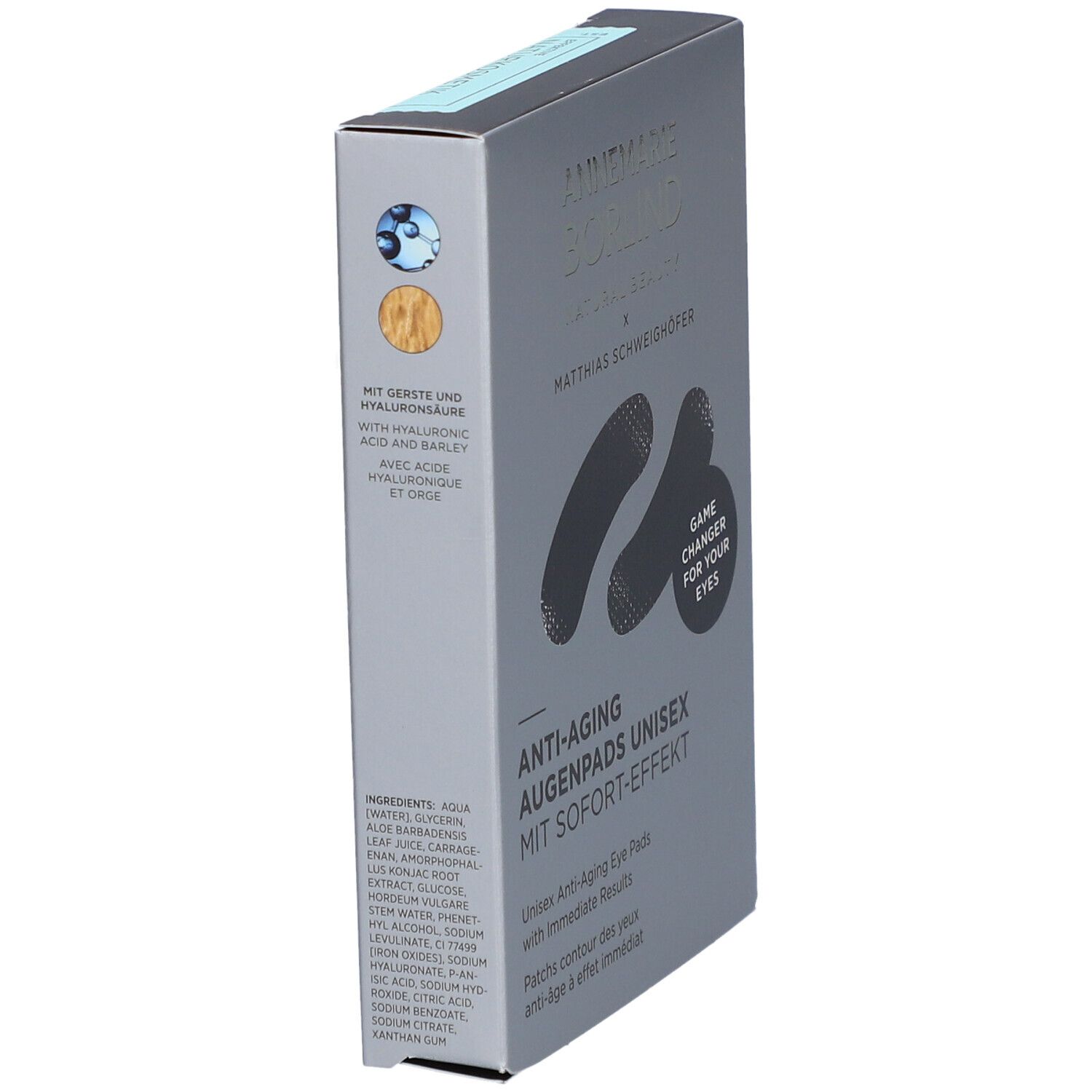 Graue Verpackung mit Augenpads. Schriftzug: ANNEMARIE BÖRLIND, Anti-Aging Augenpads Unisex. Mit Sofort-Effekt. Enthält Gerste und Hyaluronsäure.