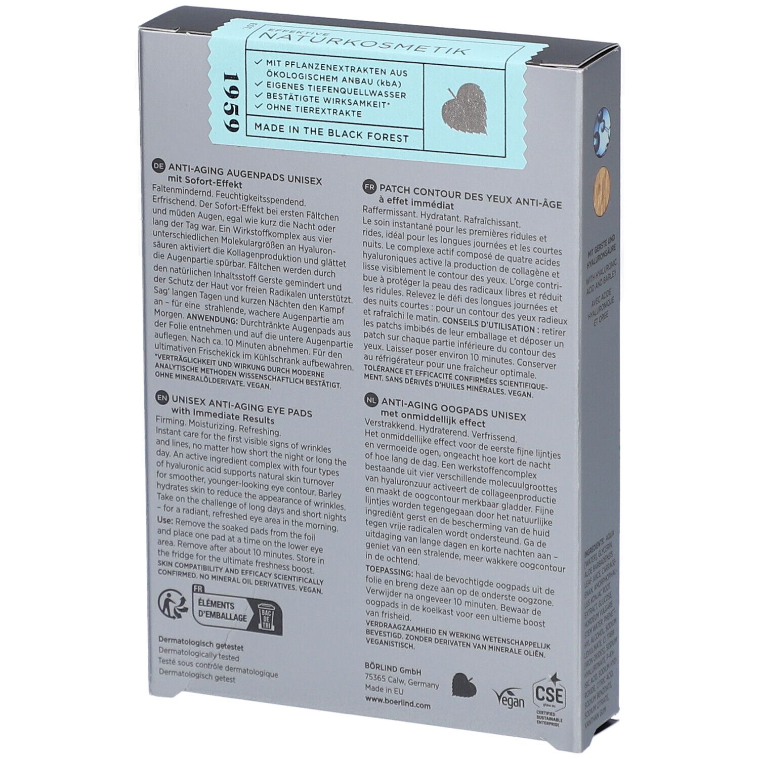 Rückseite der grauen Verpackung. Text: Anti-Aging Augenpads Unisex mit Sofort-Effekt. Mit pflanzlichen Extrakten. Vegan. Made in the Black Forest.